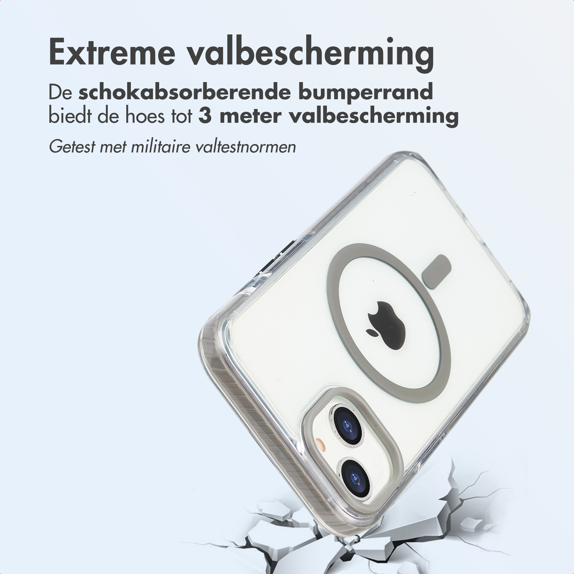 Transparante telefoonhoes valt op een gebarsten oppervlak. Bovenstaande tekst zegt 'Extreme valbescherming'.