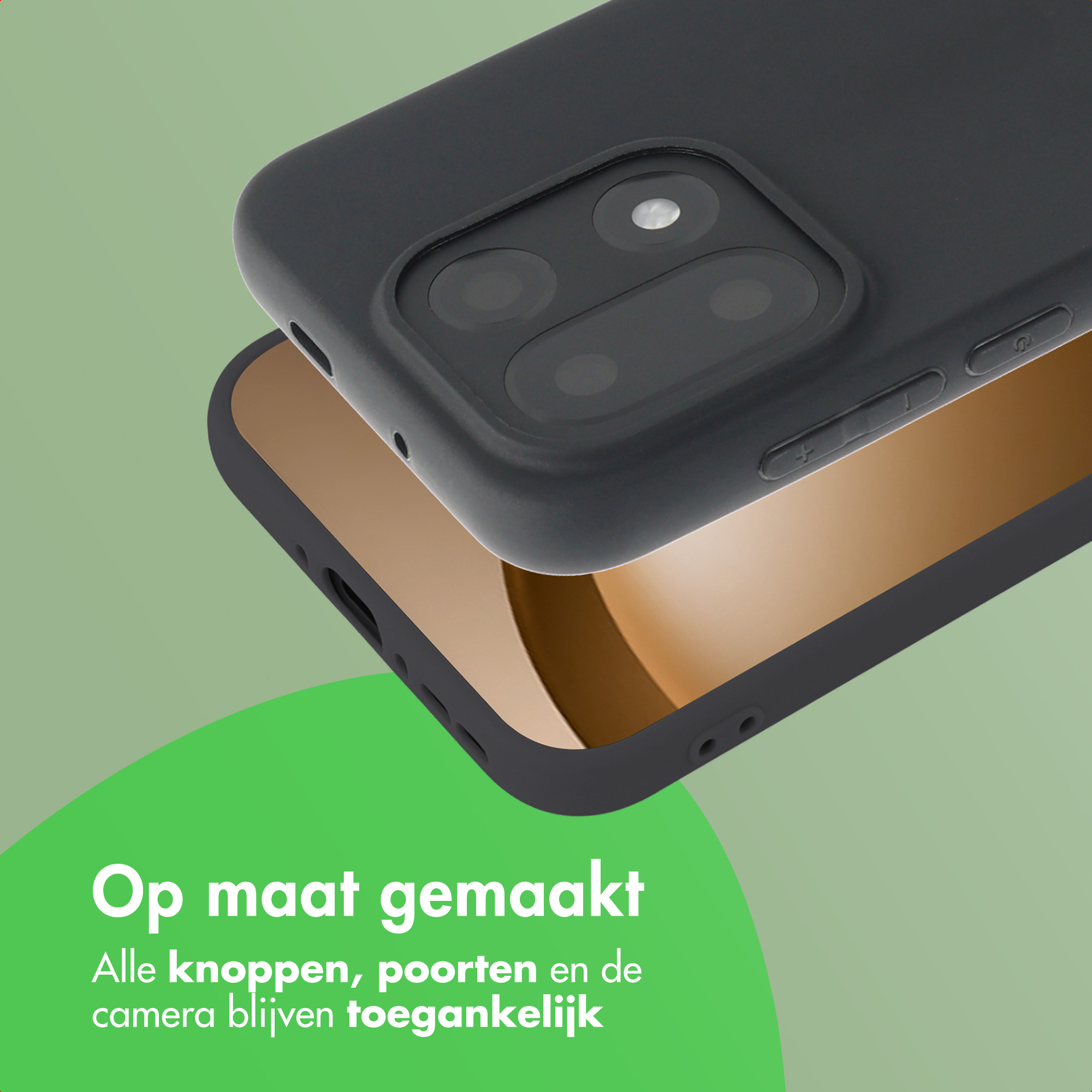 Un étui de téléphone noir est placé sur un téléphone, avec la caméra visible. Fond vert et doré avec du texte néerlandais.