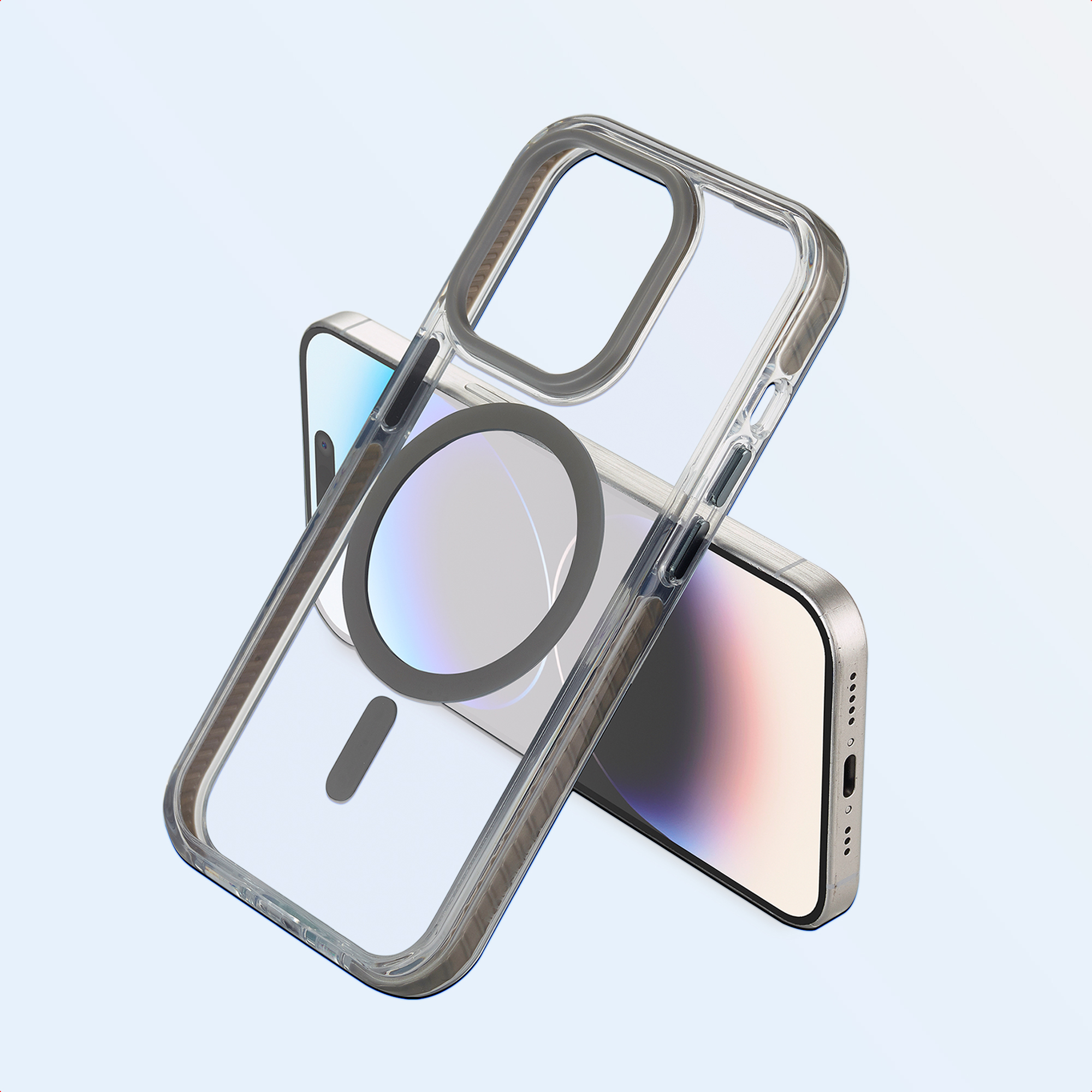 Due smartphone con custodie trasparenti. Uno è davanti, angolato, mostra il retro. L'altro dietro.