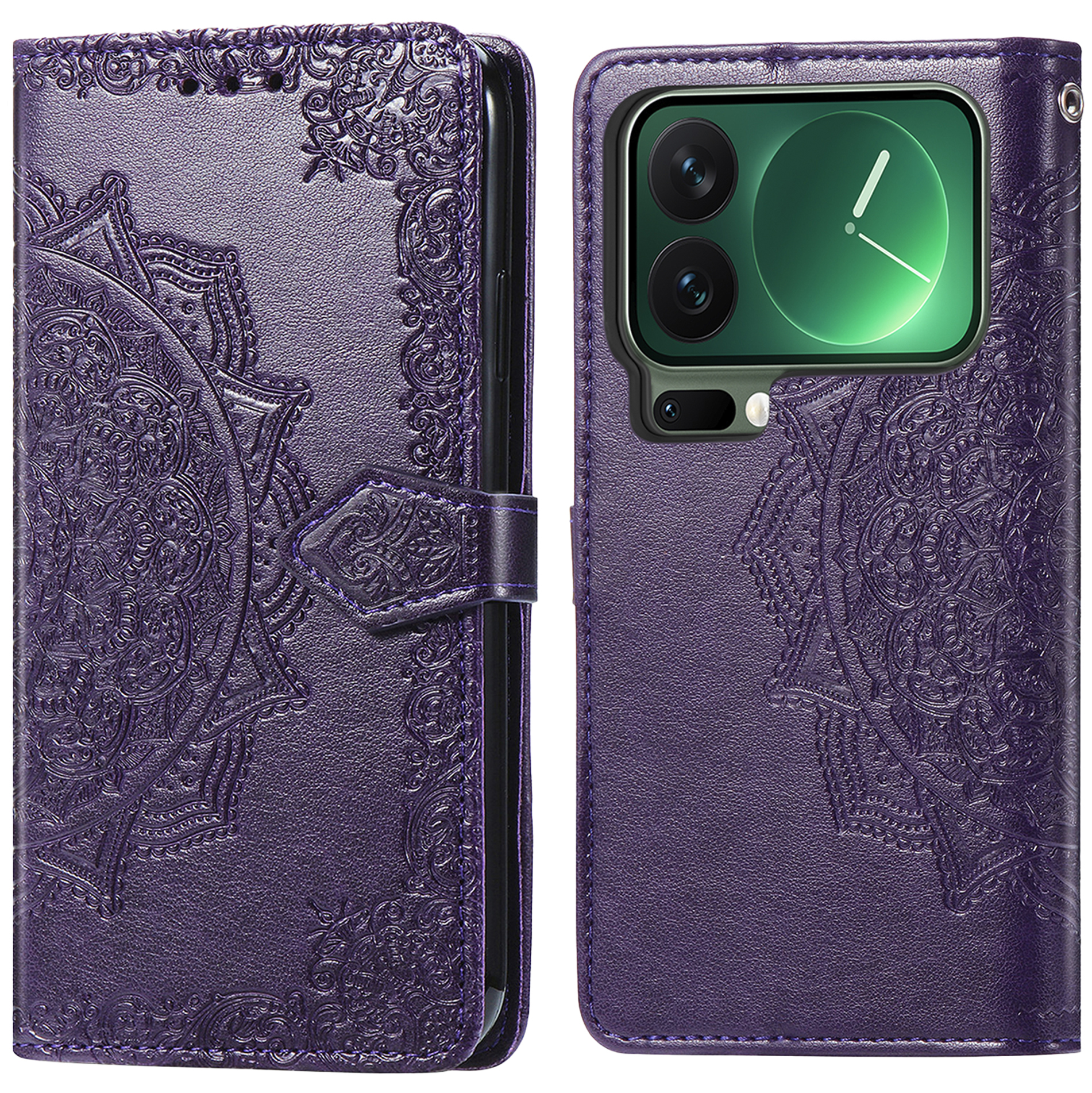 Étui de téléphone violet ouvert, montrant le téléphone. Motif mandala, fermoir et caméras. Écran vert.