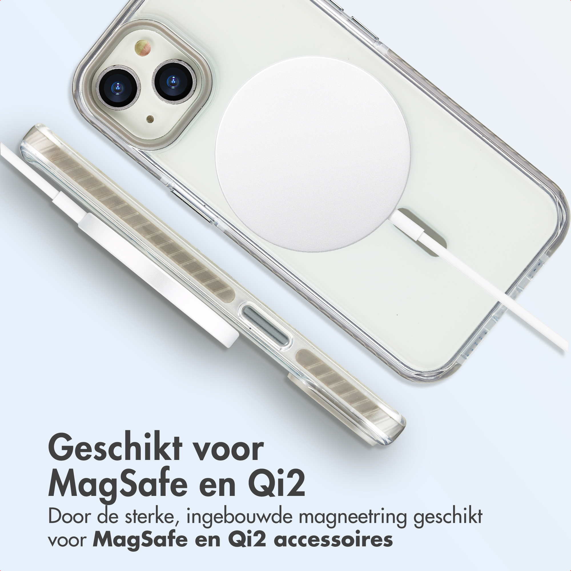 Transparante telefoonhoes met MagSafe-oplader. Tekst eronder: 'Geschikt voor MagSafe en Qi2'.