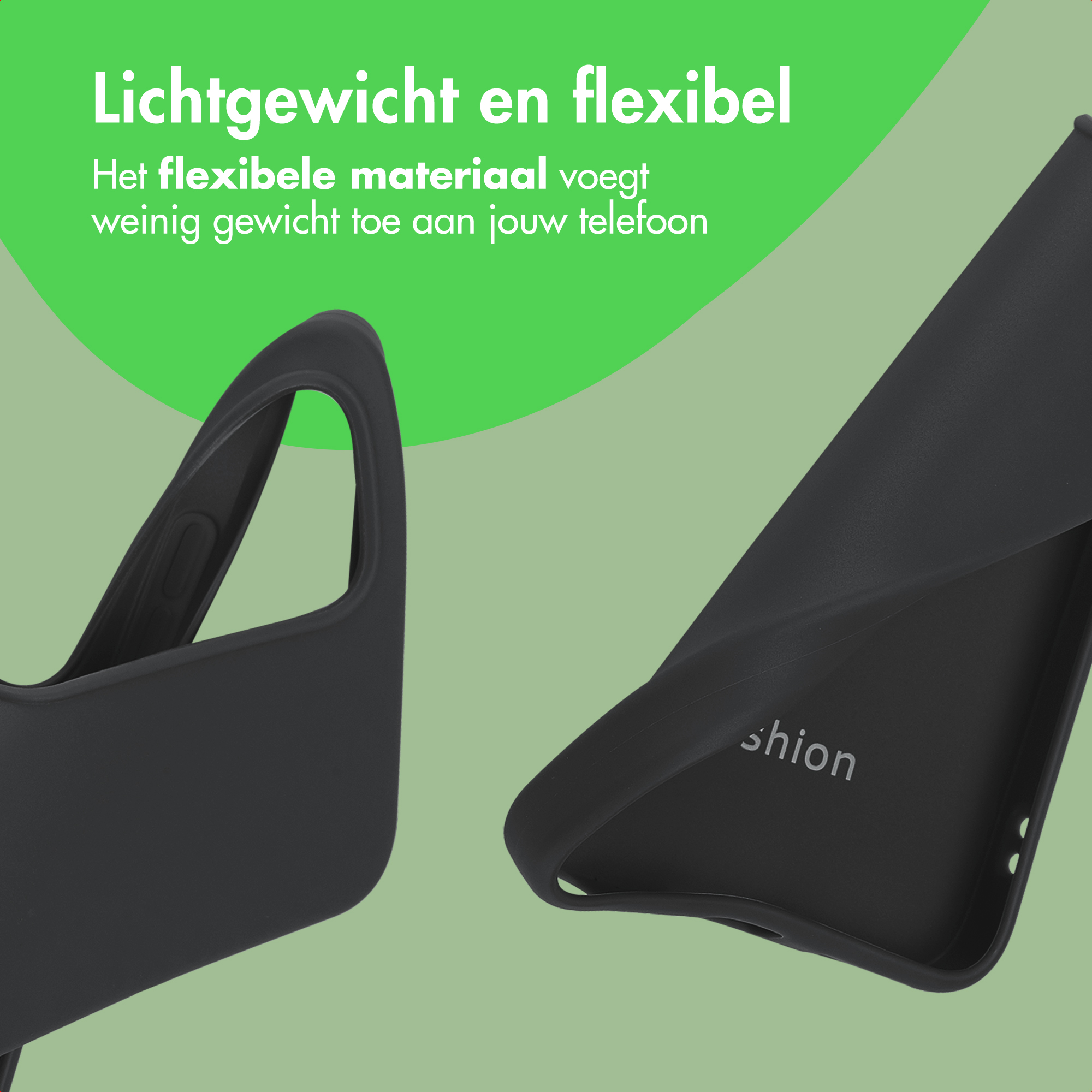 Coque de téléphone noire avec le mot 'shion' sur fond vert. Texte : Léger et flexible.