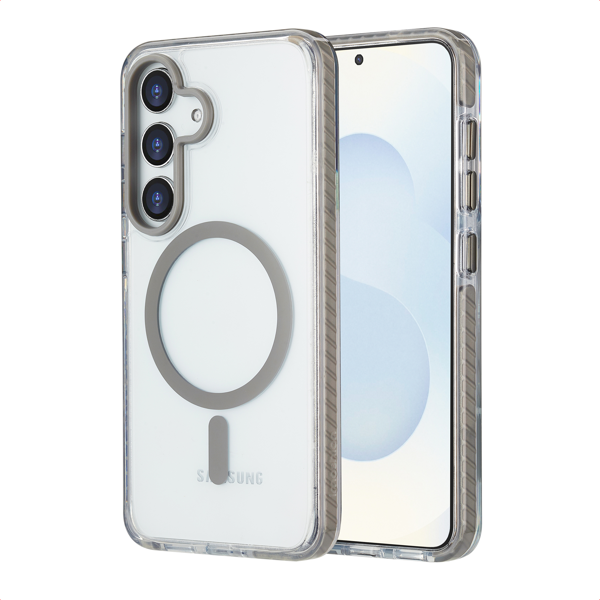 Custodia trasparente con telefono. La custodia ha un cerchio grigio e una fessura. Lo schermo del telefono è visibile.