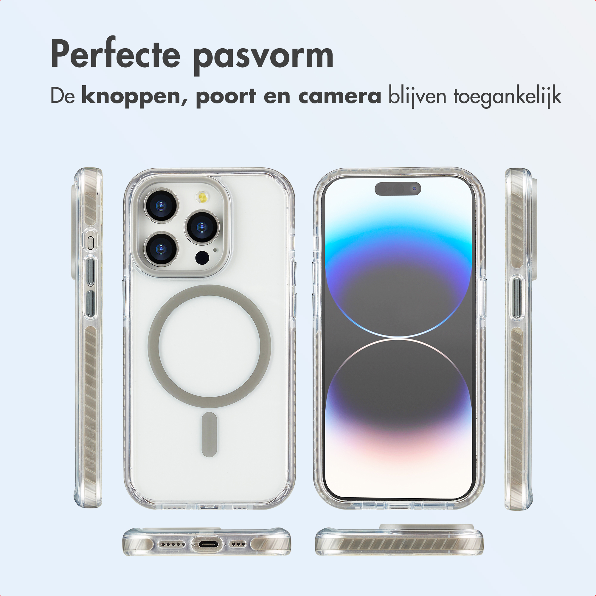 L'immagine mostra custodie trasparenti per telefoni attorno agli iPhone. Il testo recita: Vestibilità perfetta, pulsanti, porta e fotocamera rimangono accessibili.