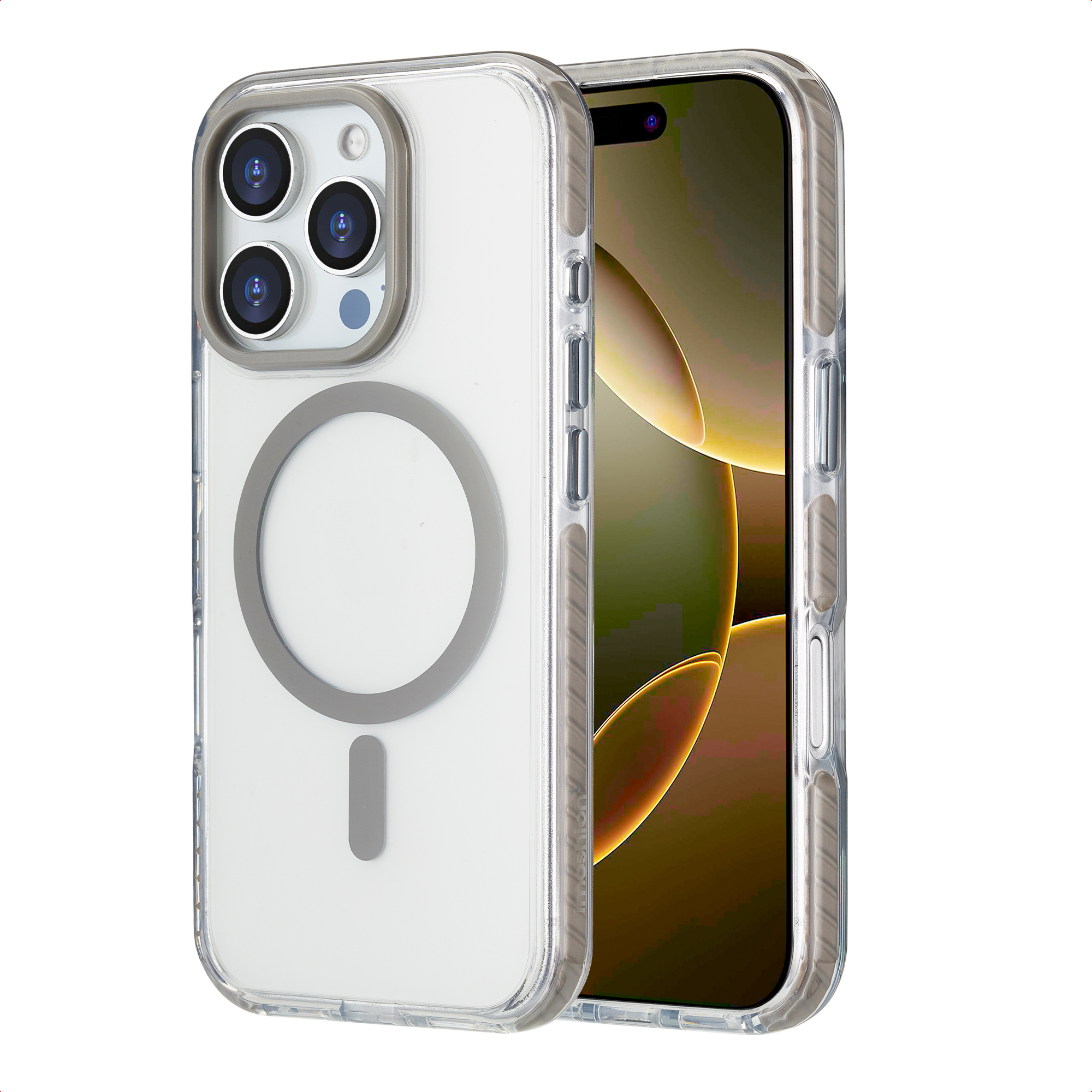 Coque de téléphone transparente avec un anneau gris et un téléphone à l'intérieur. La coque a des découpes pour la caméra et des boutons.
