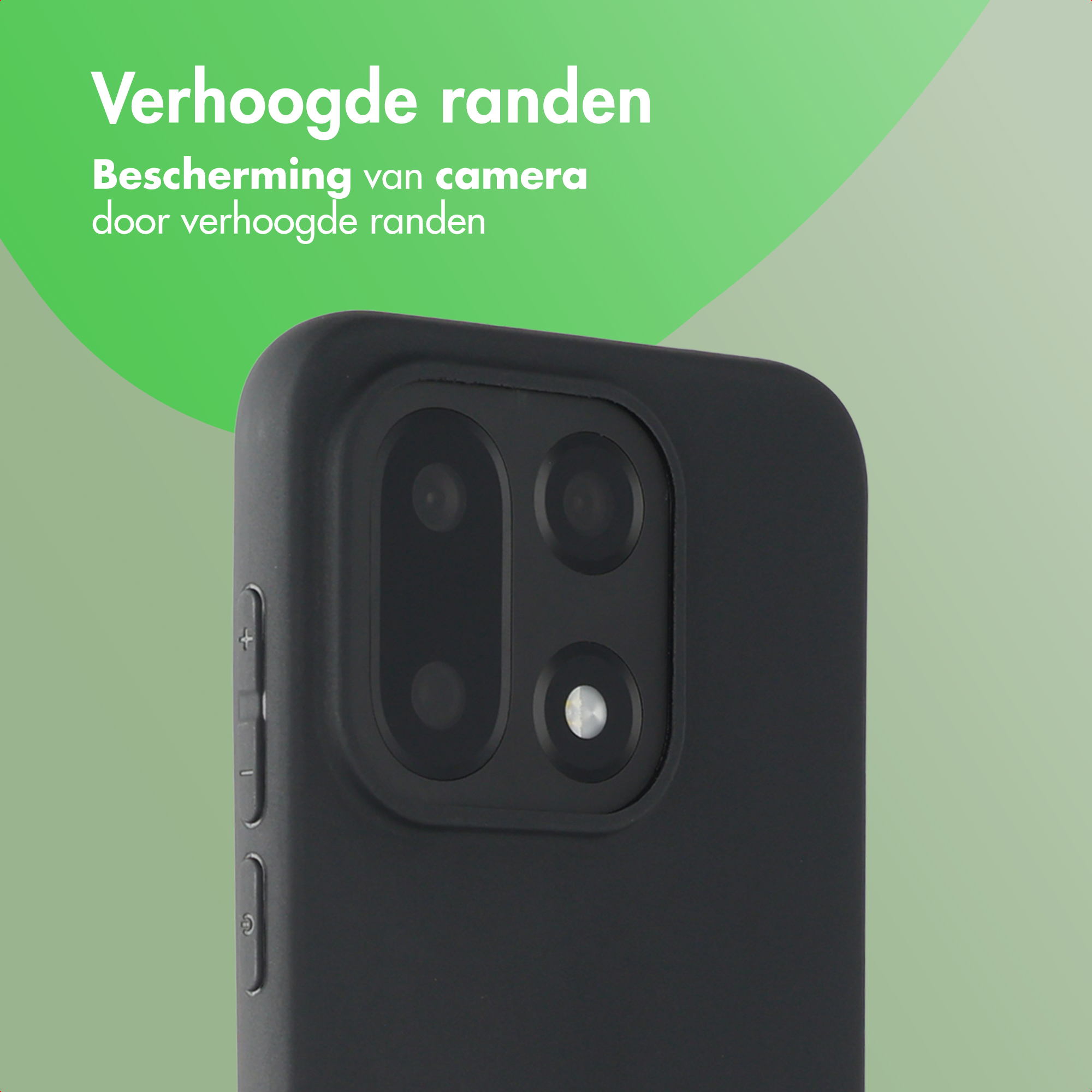 Gros plan sur une coque de téléphone noire avec des objectifs d'appareil photo, texte en haut et fond vert.