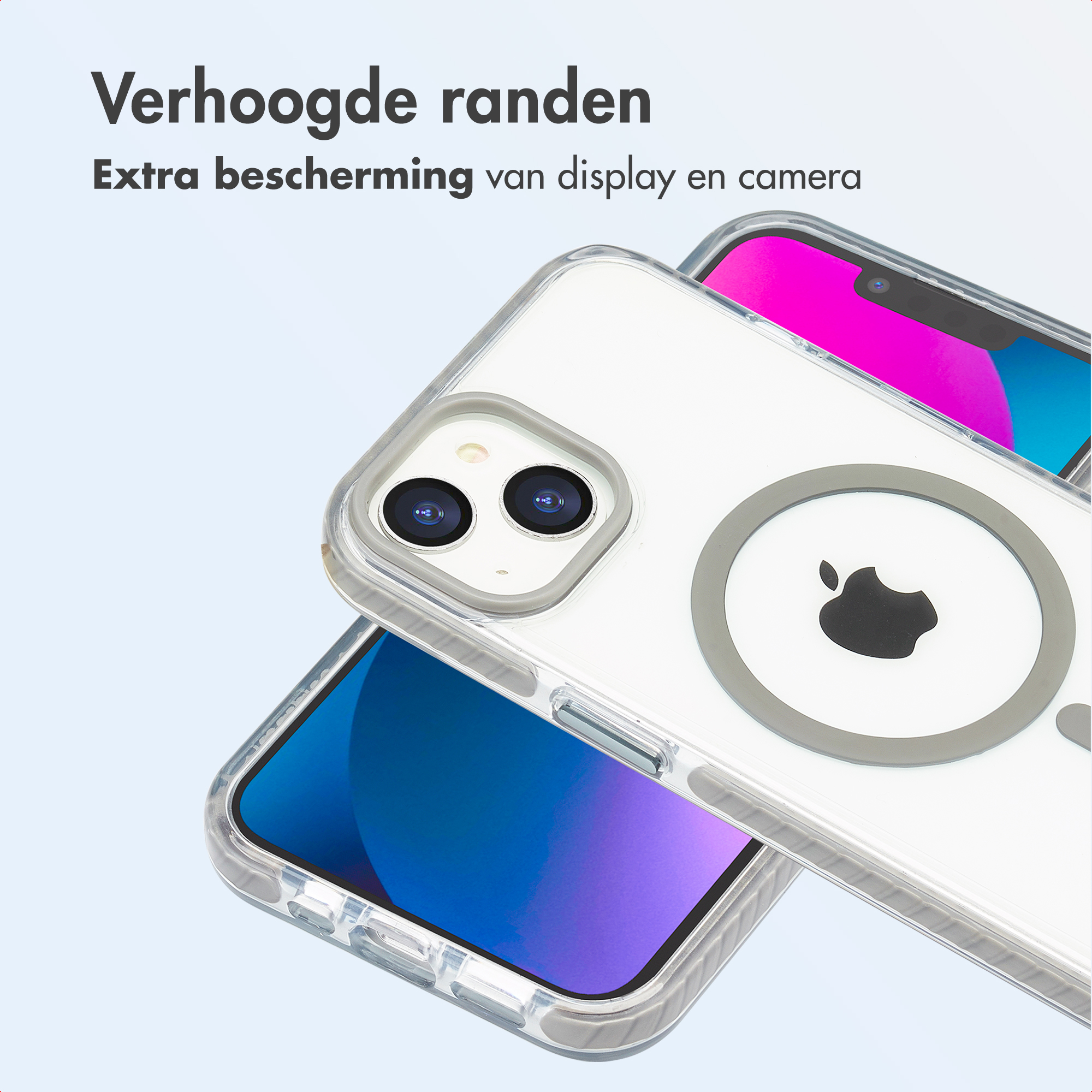 Twee transparante telefoonhoesjes op een blauwe achtergrond. Hoesjes tonen iPhone-schermen. Tekst zegt 'Extra bescherming'.