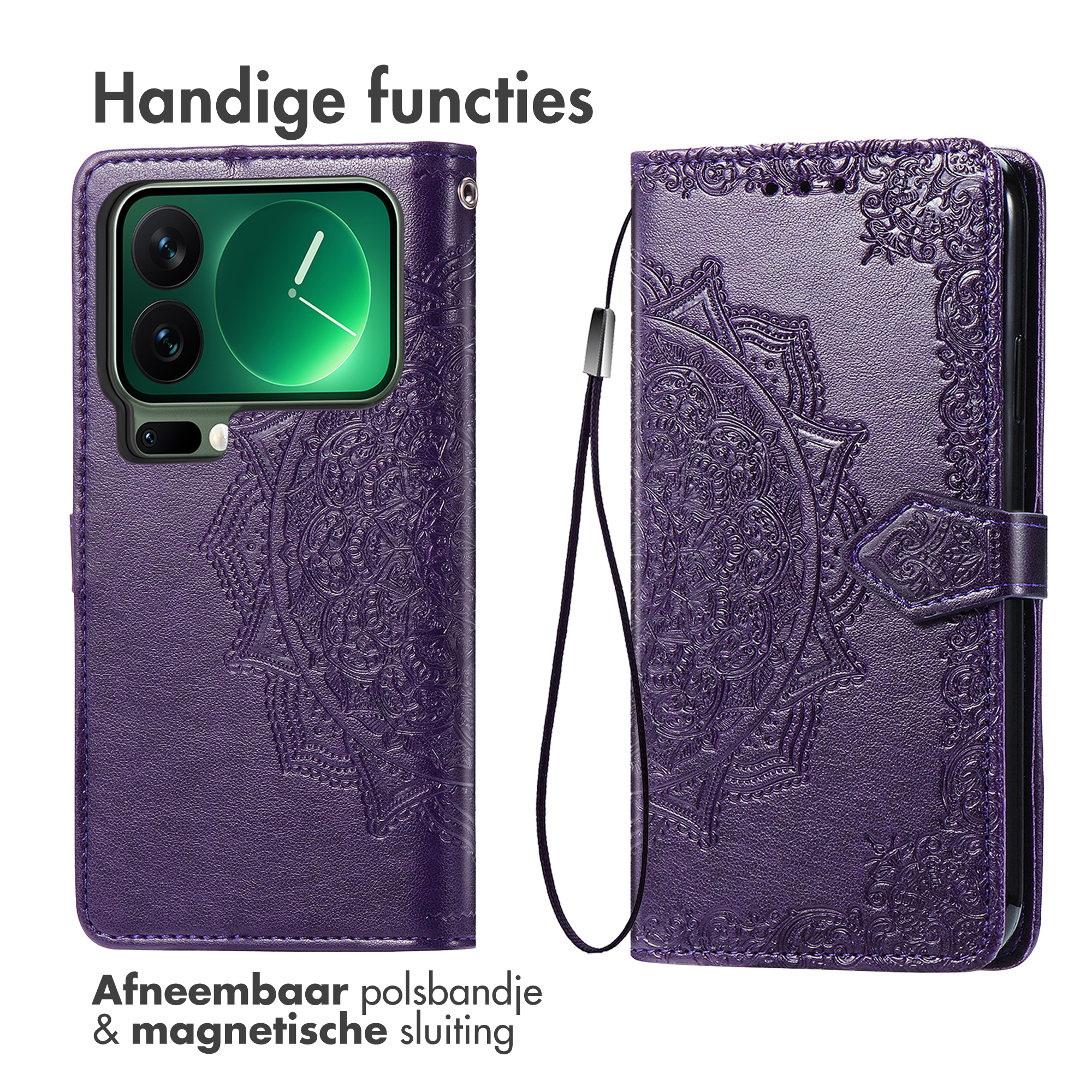 Coque de téléphone violette avec motif mandala. Dragonne amovible et fermeture magnétique.