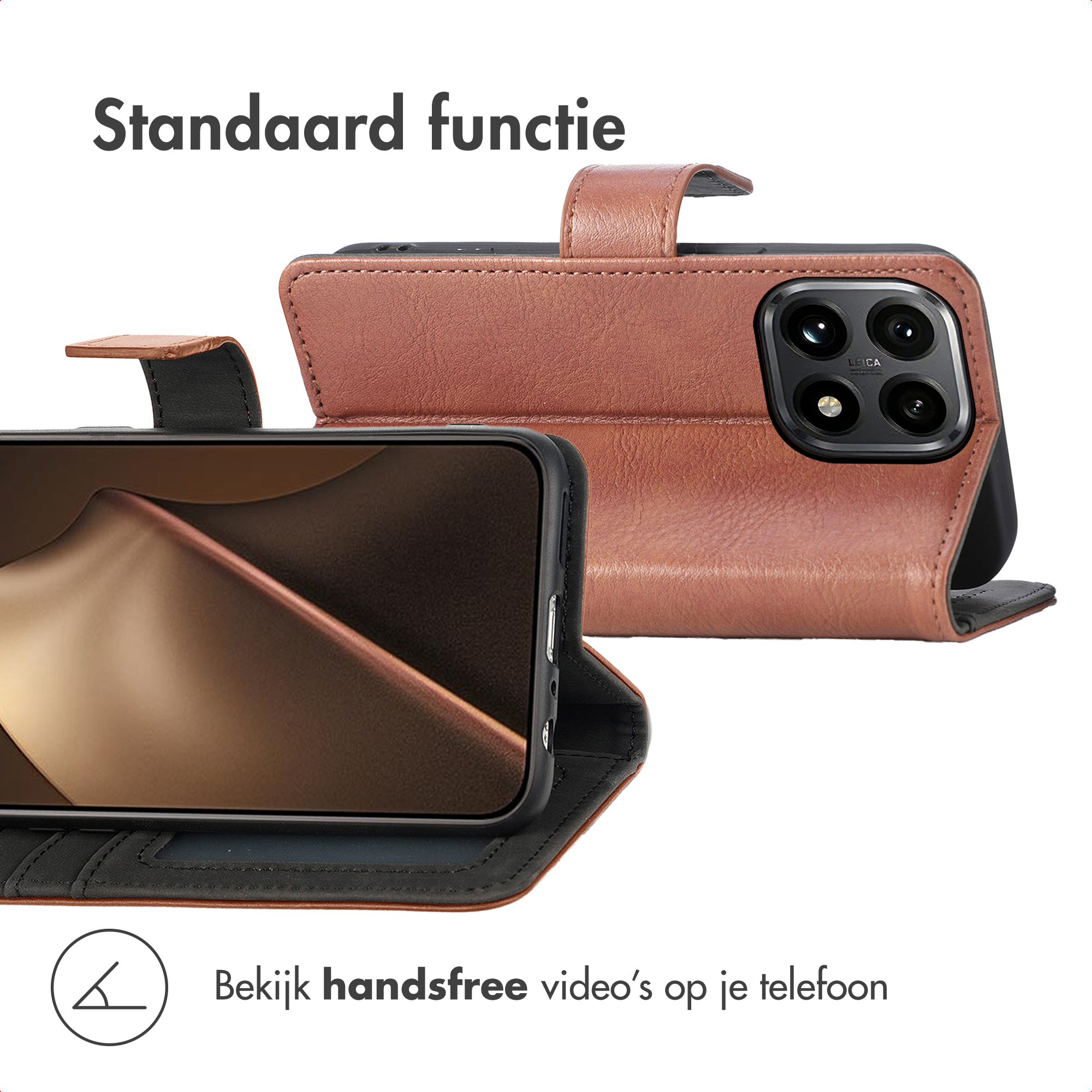 Een bruine telefoonhoes met een telefoon erin. De hoes is open en toont het scherm. De tekst zegt 'Bekijk handsfree video's op je telefoon'.