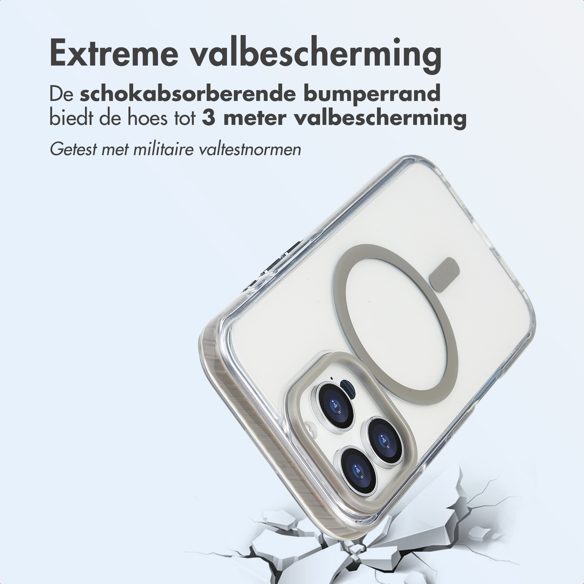 Une coque de téléphone avec un anneau métallique est montrée. La coque est inclinée, avec du texte au-dessus. Une surface fissurée en dessous.