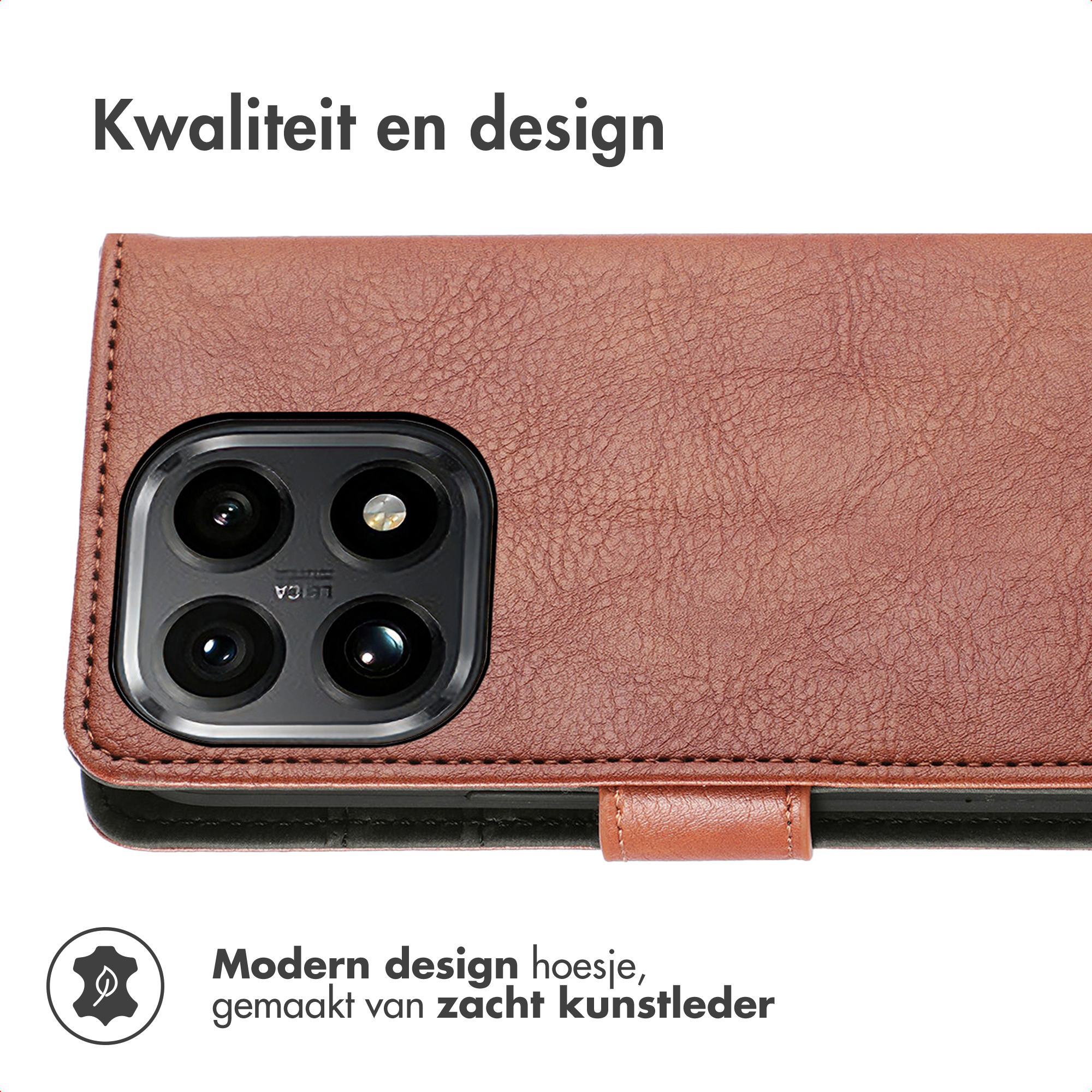 Bruine leren telefoonhoes met cameradetail. De hoes is gemaakt van zacht leer.