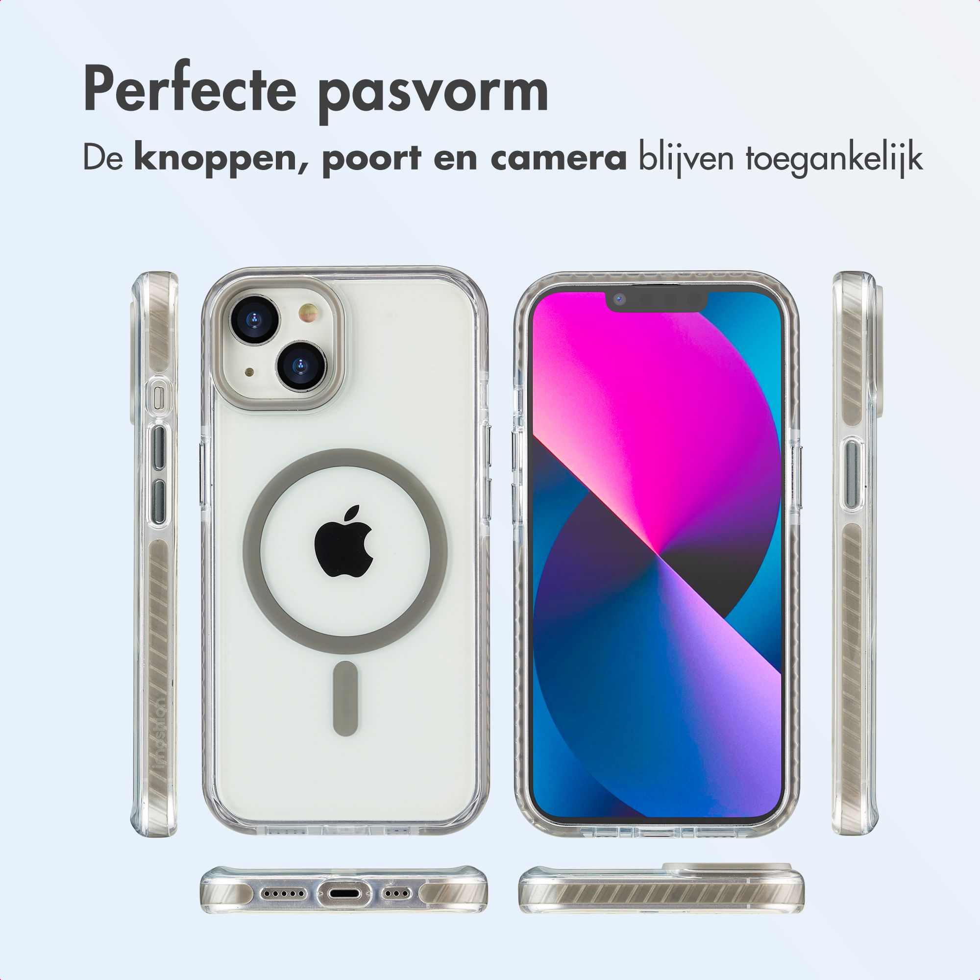 Transparante telefoonhoes op witte achtergrond, iPhone afgebeeld. Tekst: Perfecte pasvorm. Knoppen, poorten en camera blijven toegankelijk.
