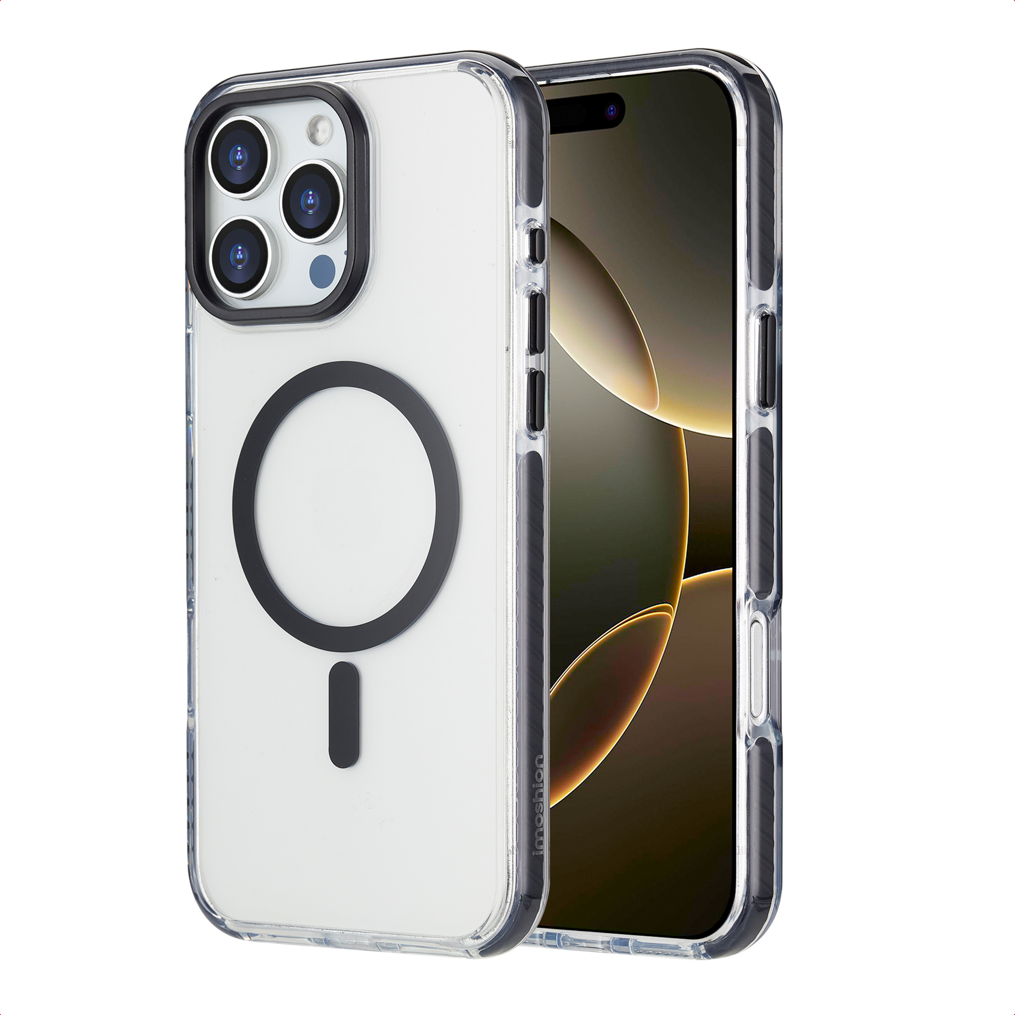 Coque iPhone transparente avec anneau magnétique noir. Le téléphone est visible. La coque a un cadre noir.