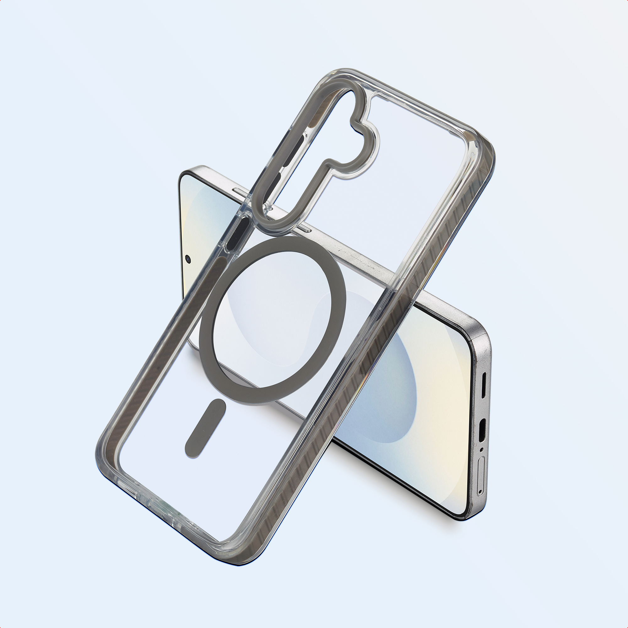 Un telefono con custodia trasparente. La custodia sovrappone il telefono. Lo sfondo è una sfumatura blu e bianca.