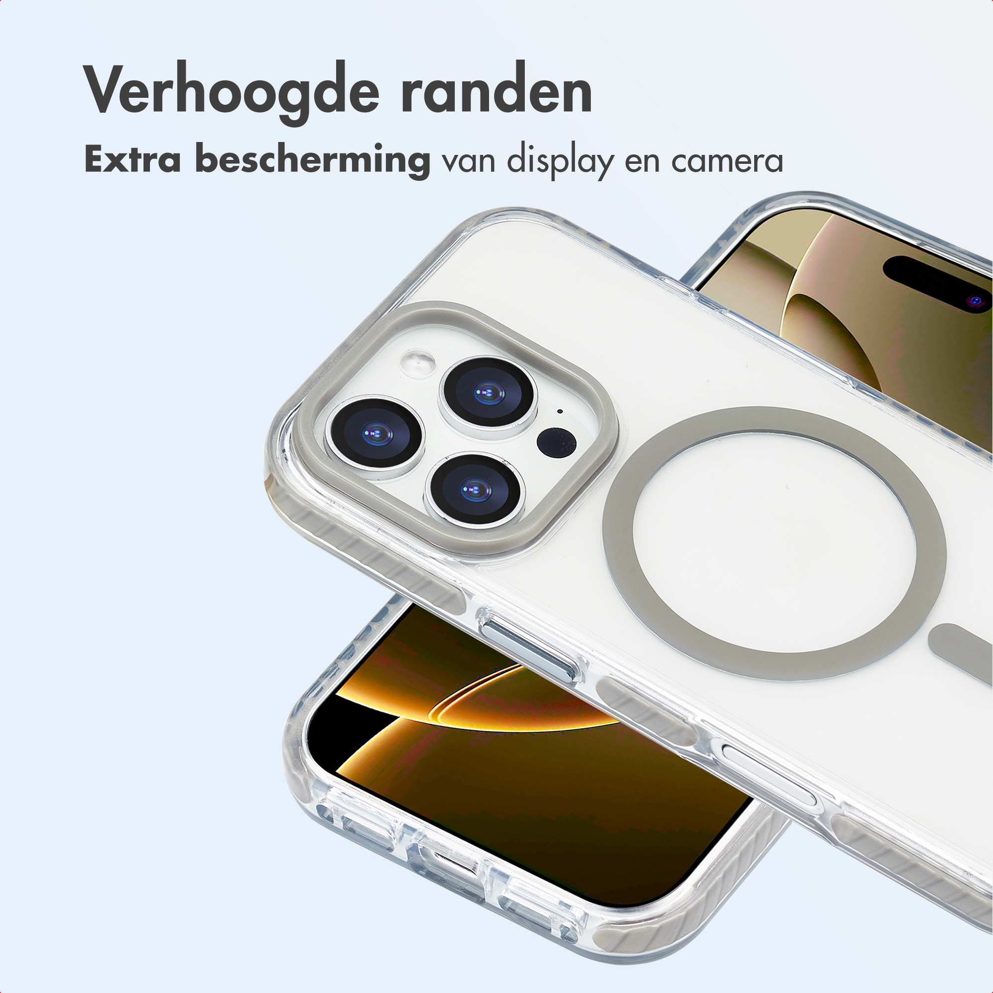Deux coques de téléphone transparentes avec un anneau gris. Une coque est au-dessus de l'autre. Texte : 'Bords relevés'.