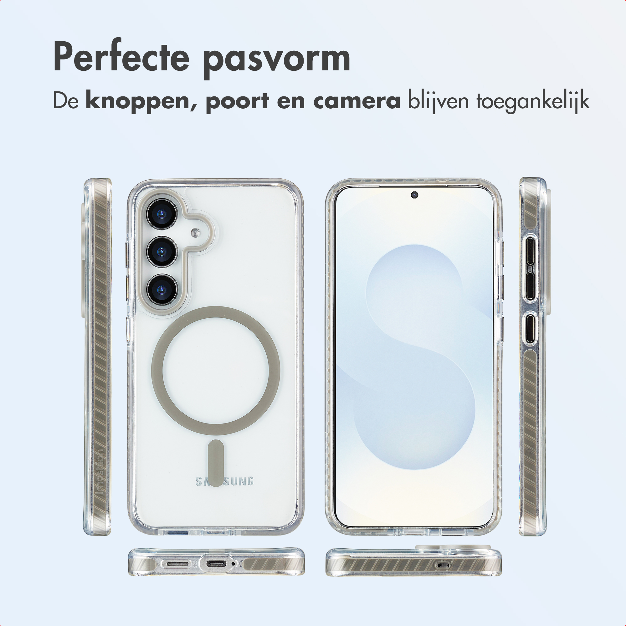 Custodia trasparente per telefono su sfondo blu sfumato. Il telefono è all'interno, con fori per porte e fotocamere.
