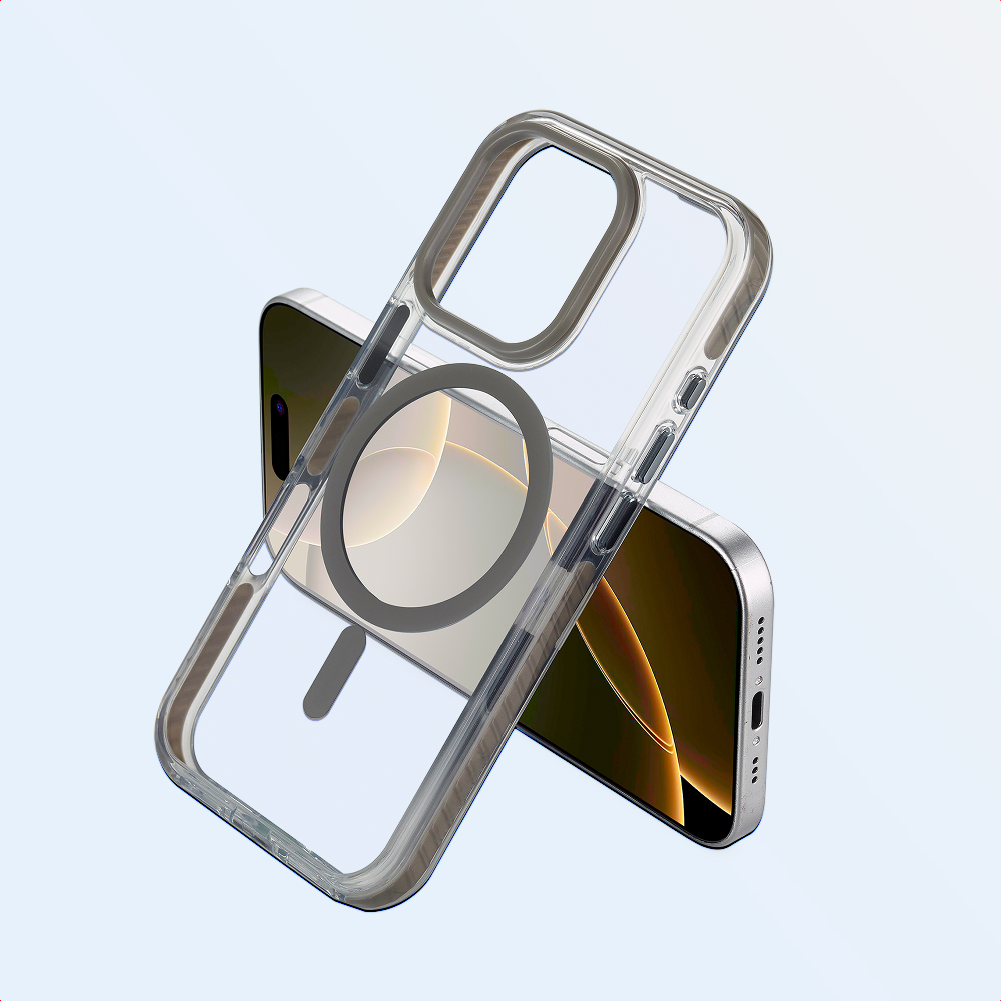 Un étui transparent avec un anneau magnétique gris repose sur un smartphone, sur fond dégradé bleu.