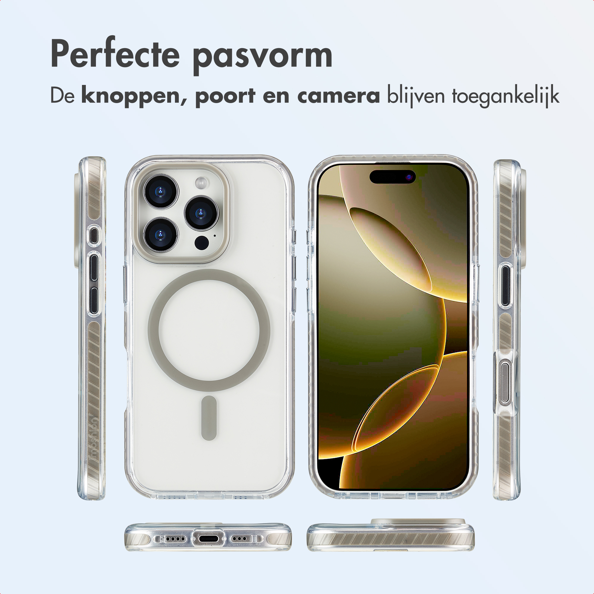 Coque de téléphone transparente. Plusieurs vues du téléphone dans l'étui. Texte : Ajustement parfait. Boutons, ports et caméra restent accessibles.