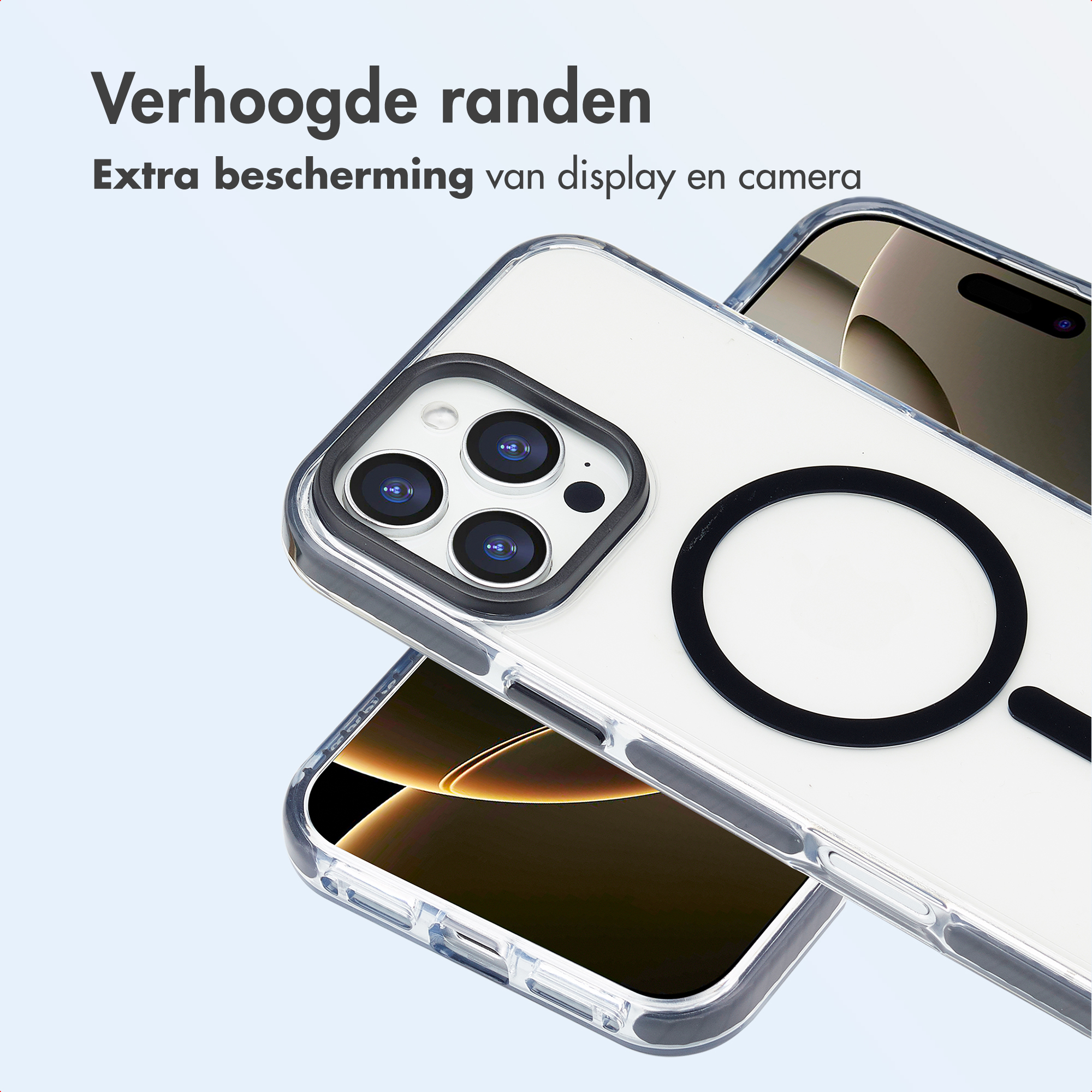 Deux téléphones dans des étuis de protection. Texte: 'Bords surélevés' et 'Protection supplémentaire de l'écran et de la caméra'.