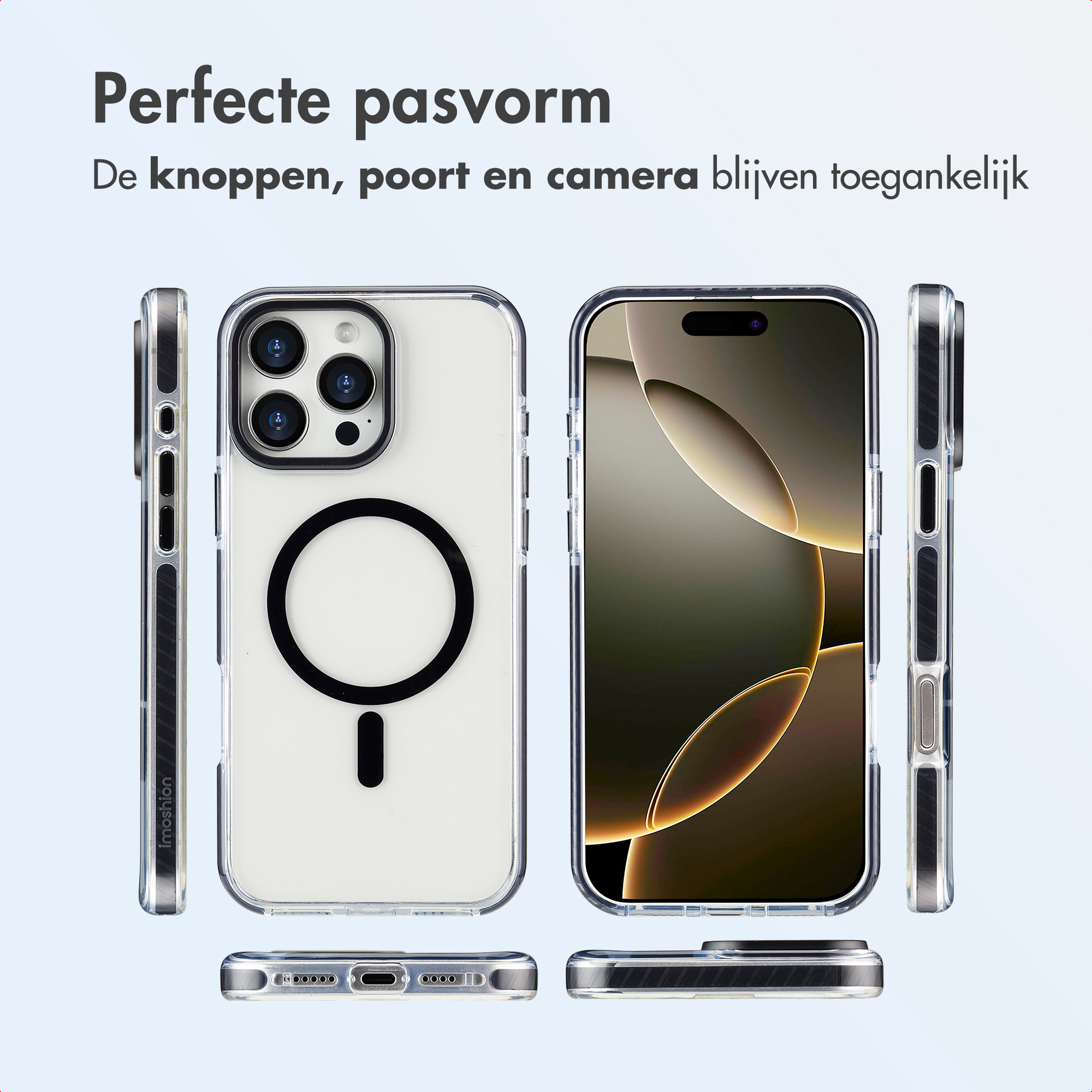 Coque de téléphone transparente sur fond blanc. Le téléphone est visible sous différents angles, montrant boutons et ports.