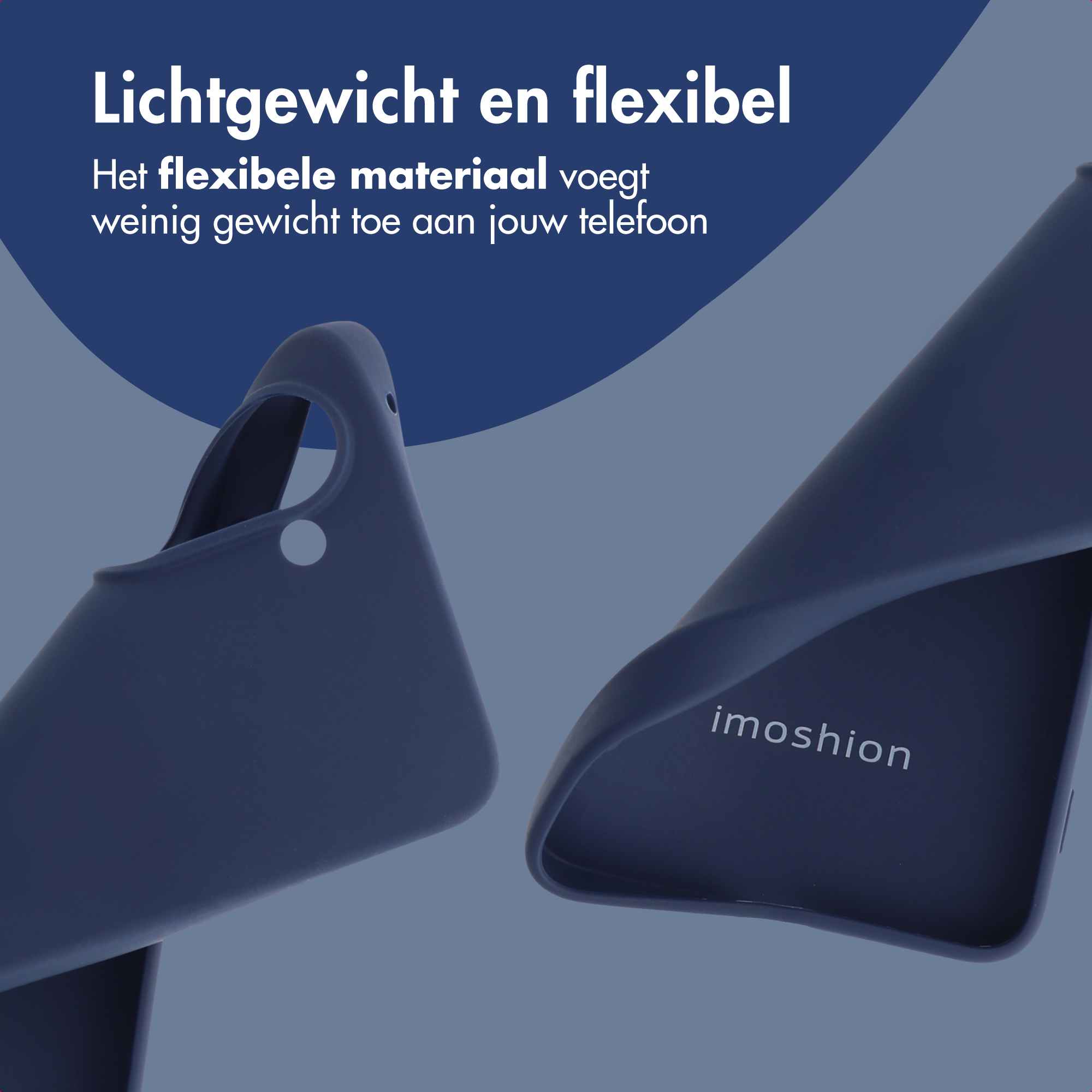Afbeelding toont twee donkerblauwe telefoonhoesjes tegen een blauwe achtergrond. Tekst luidt 'Lichtgewicht en flexibel'.