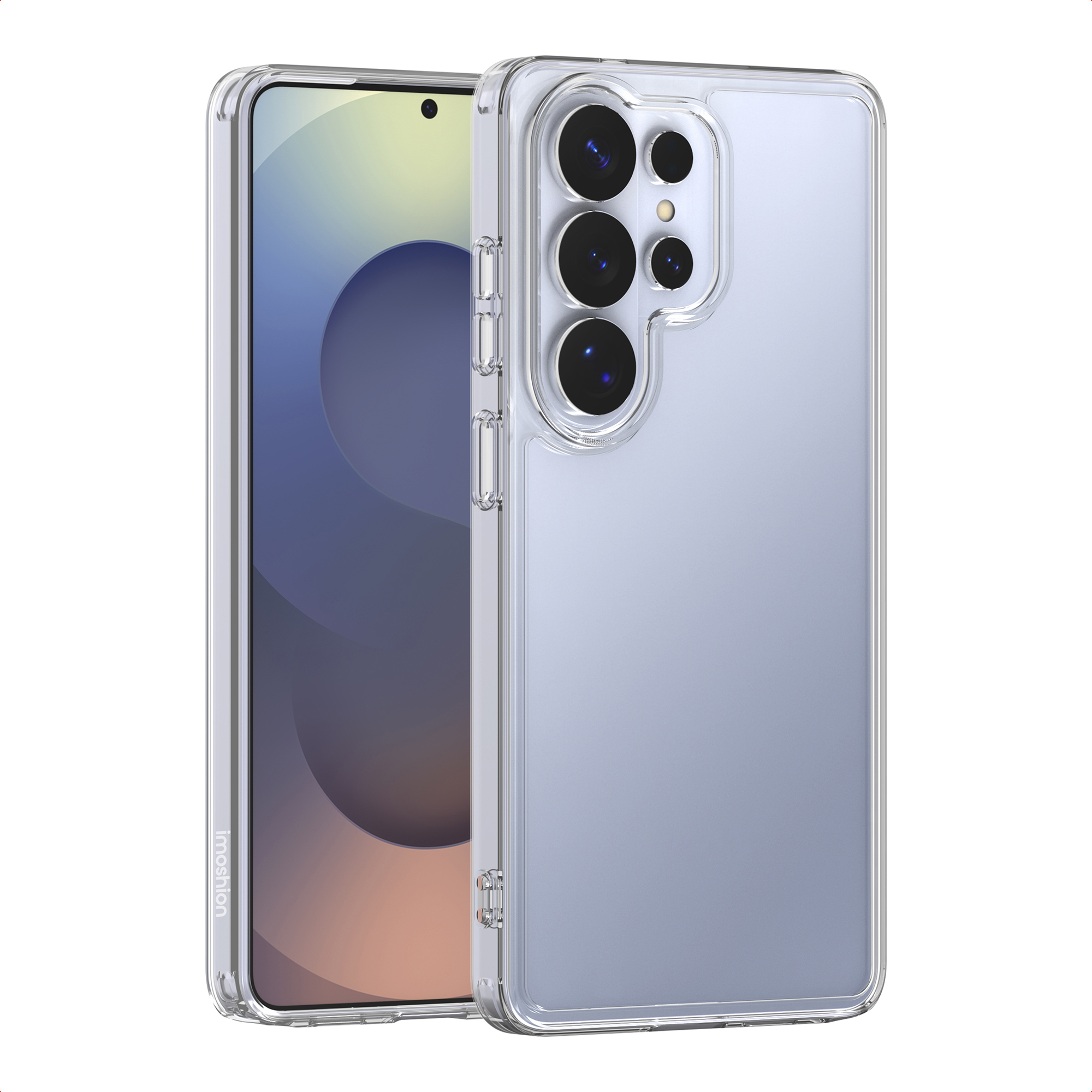 Coque de téléphone transparente. Le téléphone est dans la coque. L'écran est visible. Le fond est blanc.