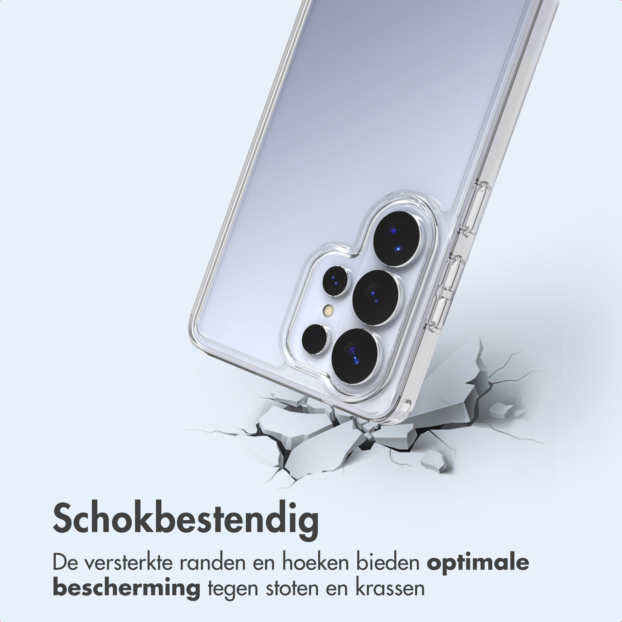 Une coque de téléphone transparente est montrée, inclinée vers le bas avec des fissures en dessous, le texte en bas dit 'Résistant aux chocs'.