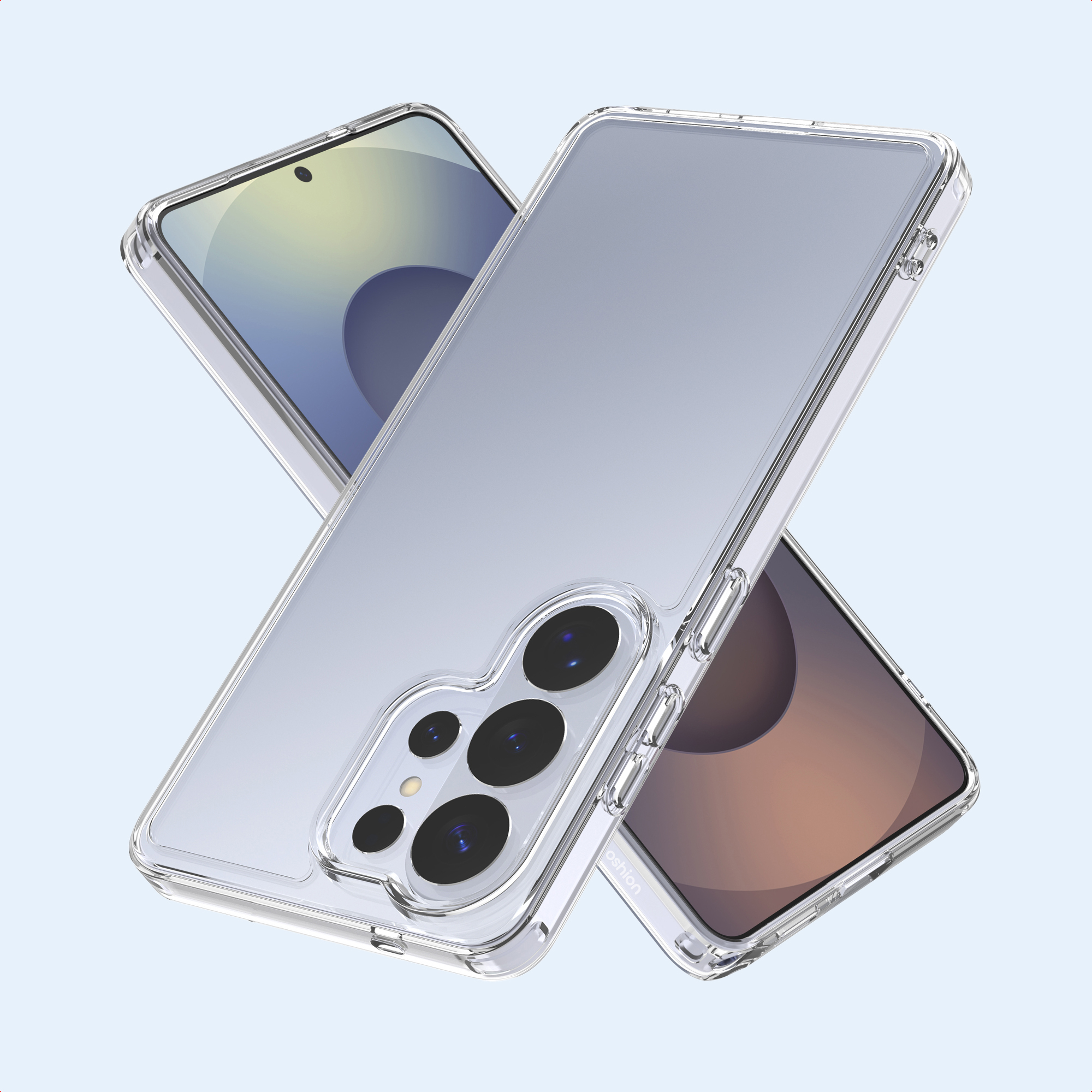 Étuis de téléphone transparents superposés, présentant des téléphones. Un étui a des lentilles de caméra visibles. Fond bleu clair.