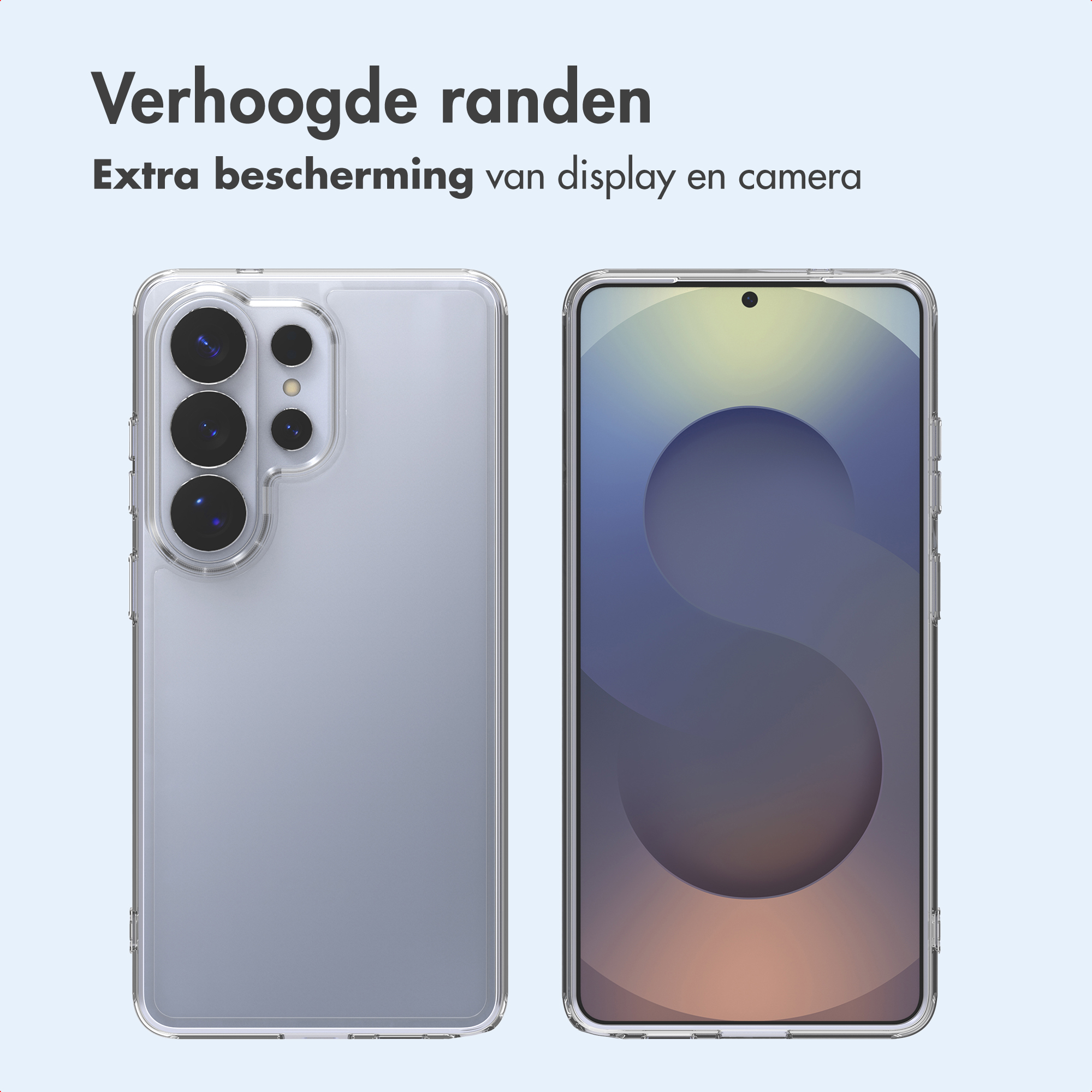 Deux smartphones côte à côte, présentant une coque transparente. Texte en haut : « Protection supplémentaire pour l'écran et l'appareil photo ».