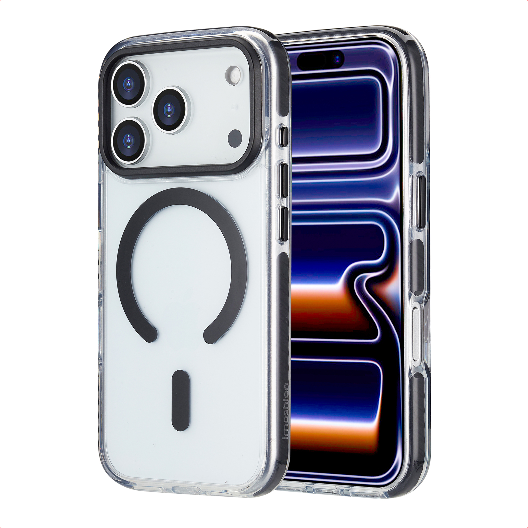 Een doorzichtige telefoonhoes met een zwarte magnetische ring en een telefoon erin. De telefoon heeft een blauw en oranje scherm.
