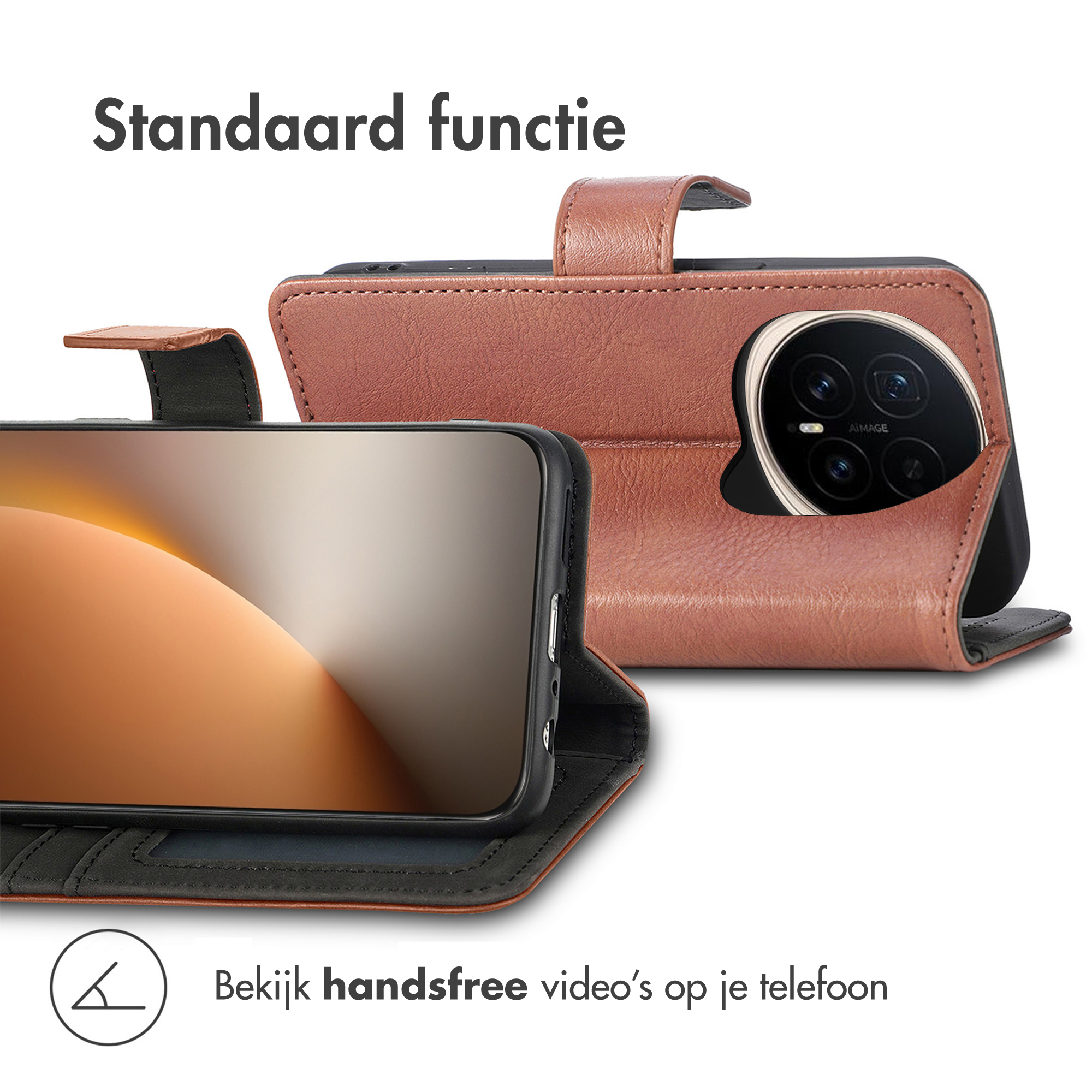 Bruine leren telefoonhoes. Telefoon is open en toont scherm. De hoes is ontworpen om de telefoon rechtop te houden.