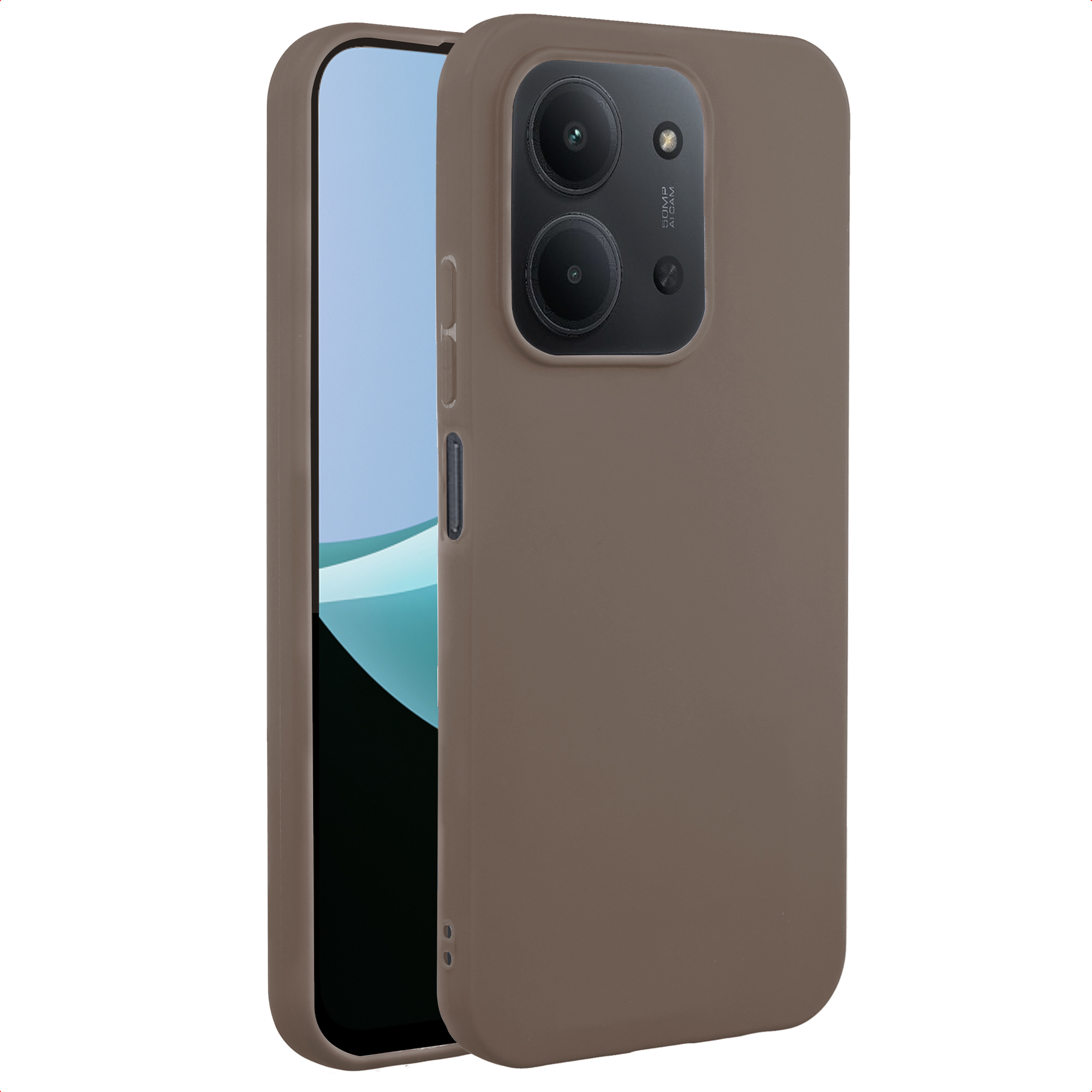 Een bruine telefoonhoes met een telefoon erin. De telefoon heeft een blauw scherm en een camera.