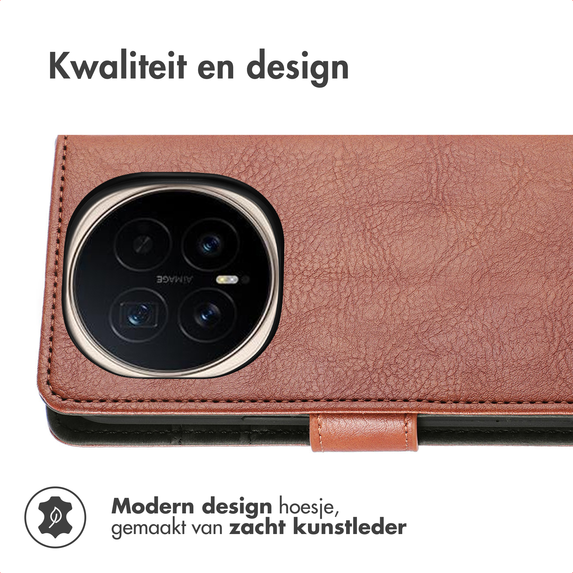 Bruin leren telefoonhoesje met camera-uitsparing. De tekst in de afbeelding is in het Nederlands.