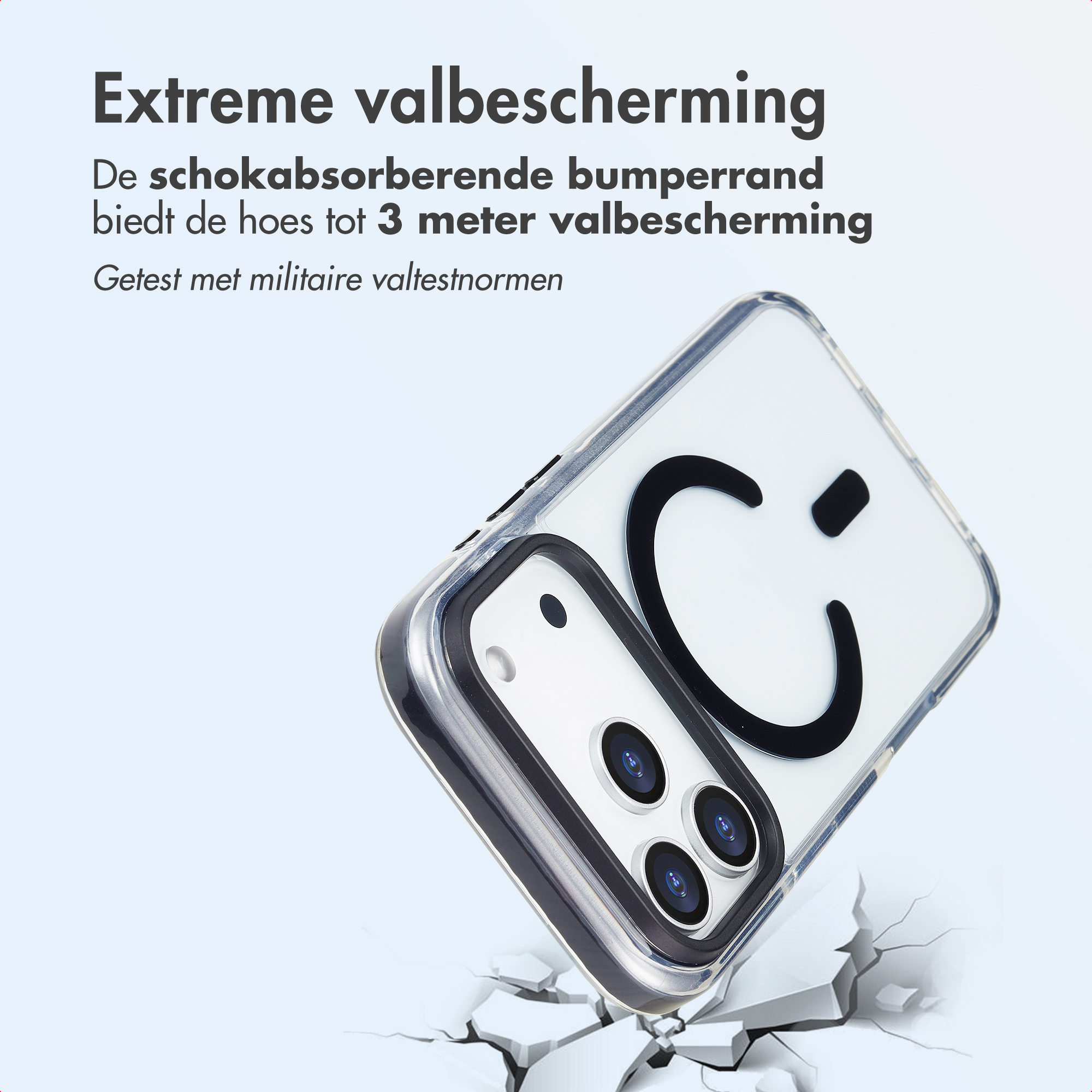 Een telefoonhoesje met een smiley valt en scheurt een oppervlak. De tekst luidt extreme valbescherming.