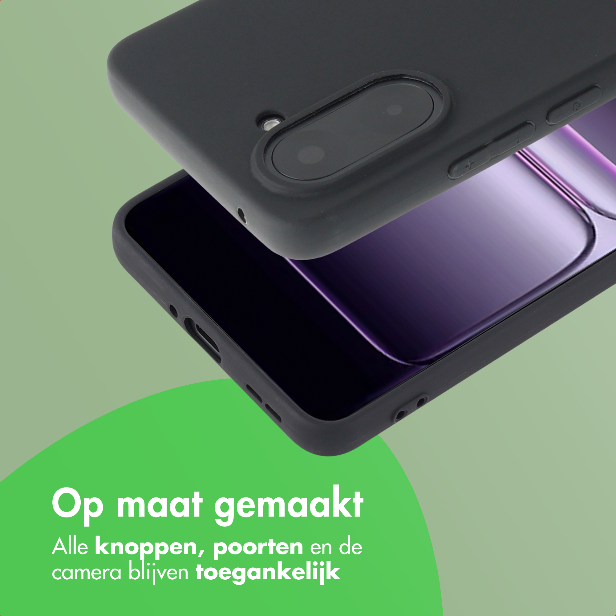 Zwarte telefoonhoes met camera- en knopdetails. Paars scherm zichtbaar. Groene achtergrond met witte tekst.