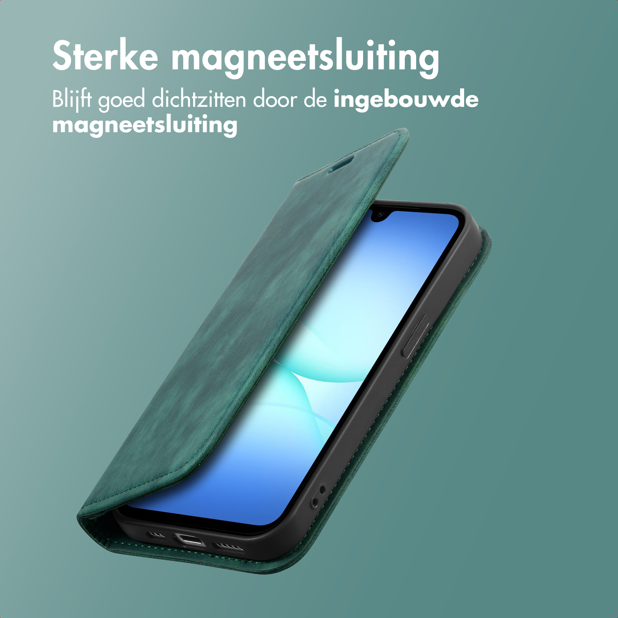 Custodia verde per telefono con schermo aperto che mostra uno sfondo blu, su sfondo turchese.