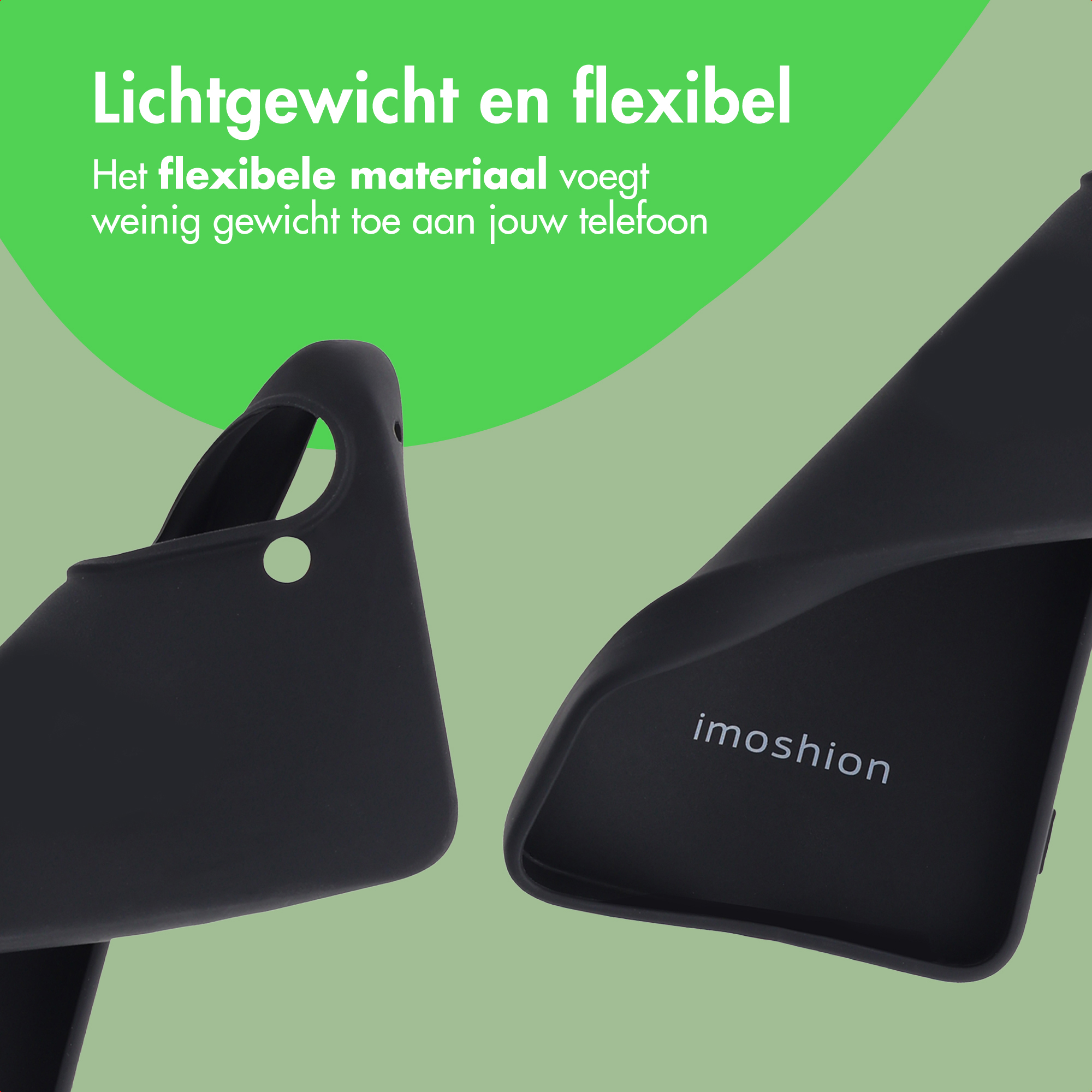 Twee zwarte telefoonhoesjes, één met gat, de andere met 'imoshion' tekst, tegen groene achtergrond.