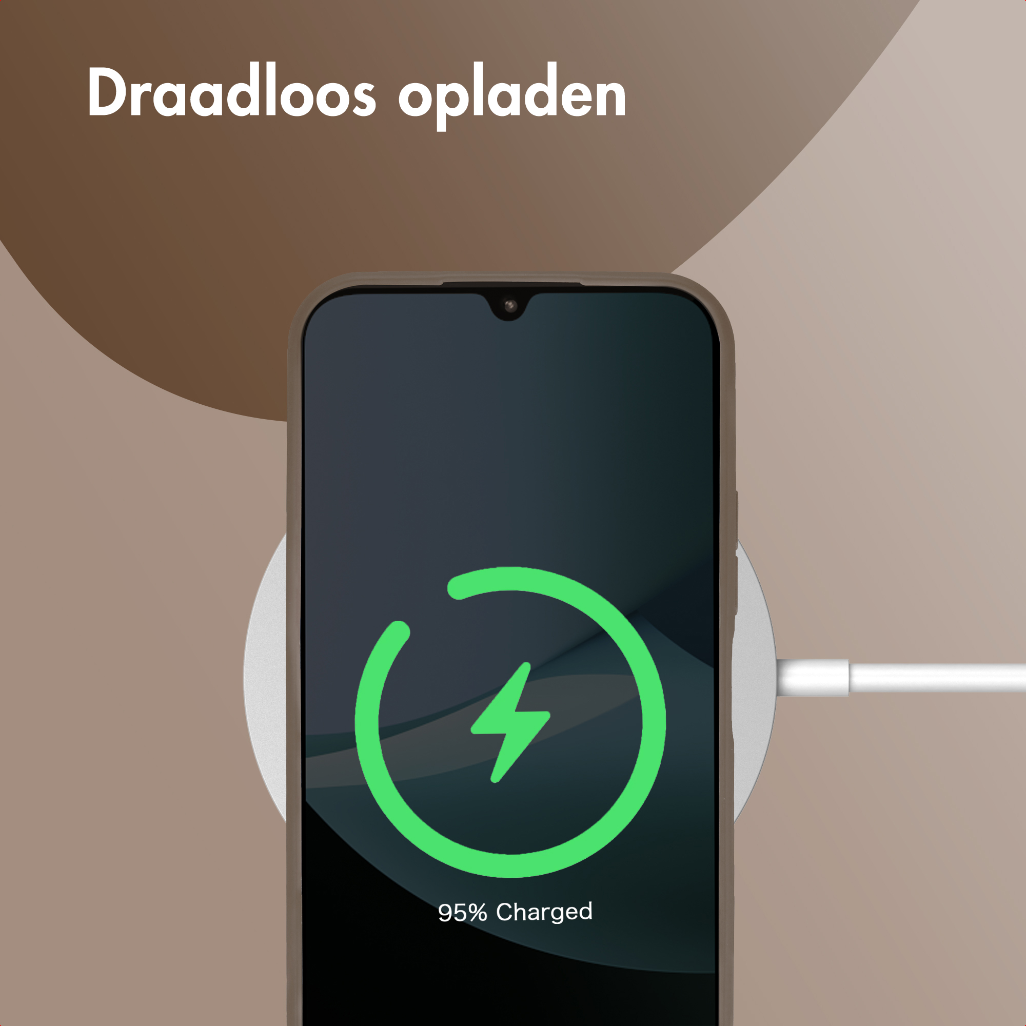 Telefoon draadloos opladen, 95% opgeladen. Tekst zegt 'Draadloos opladen'.