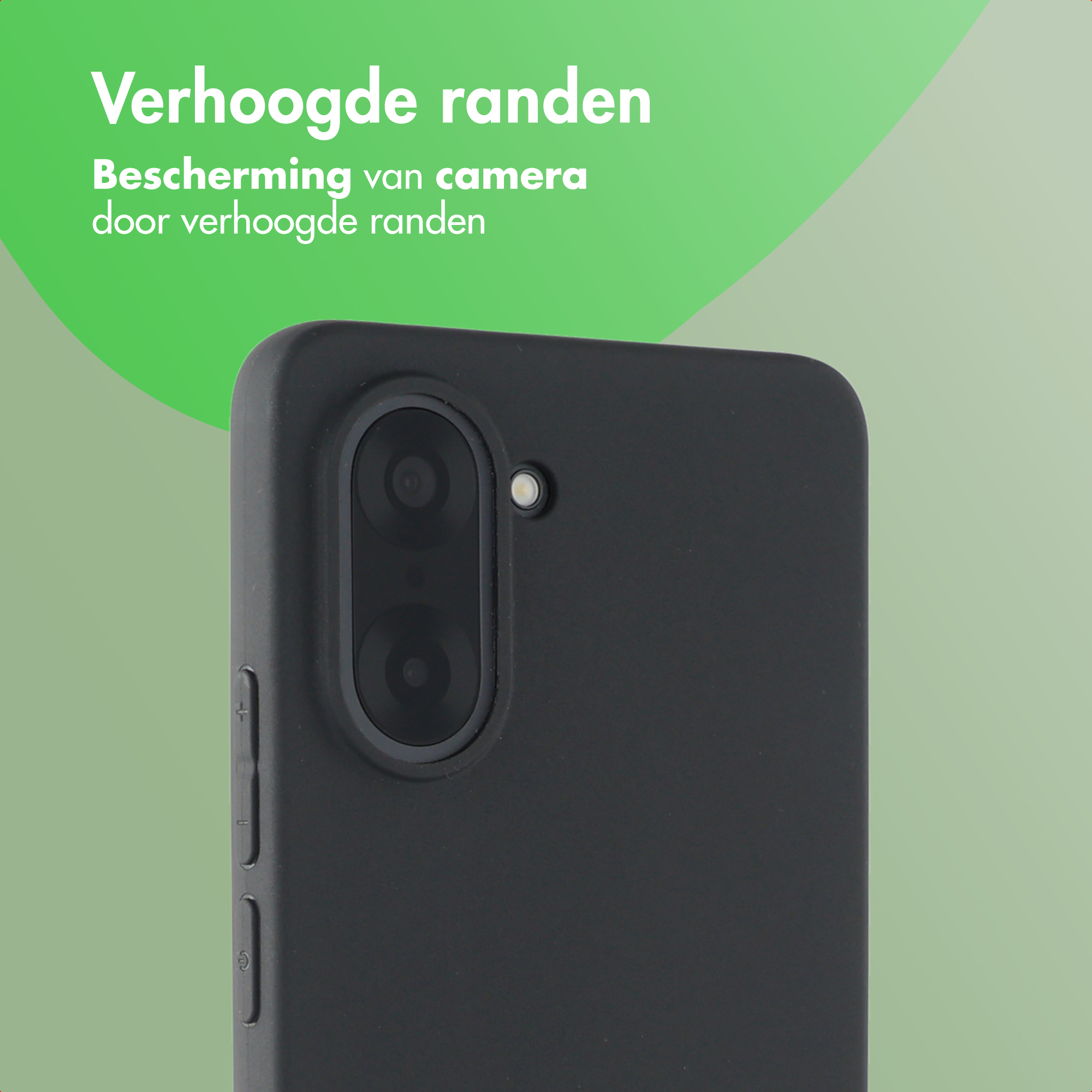 Zwarte telefoonhoes met opstaande randen. Groen-witte achtergrond. Tekst in wit.
