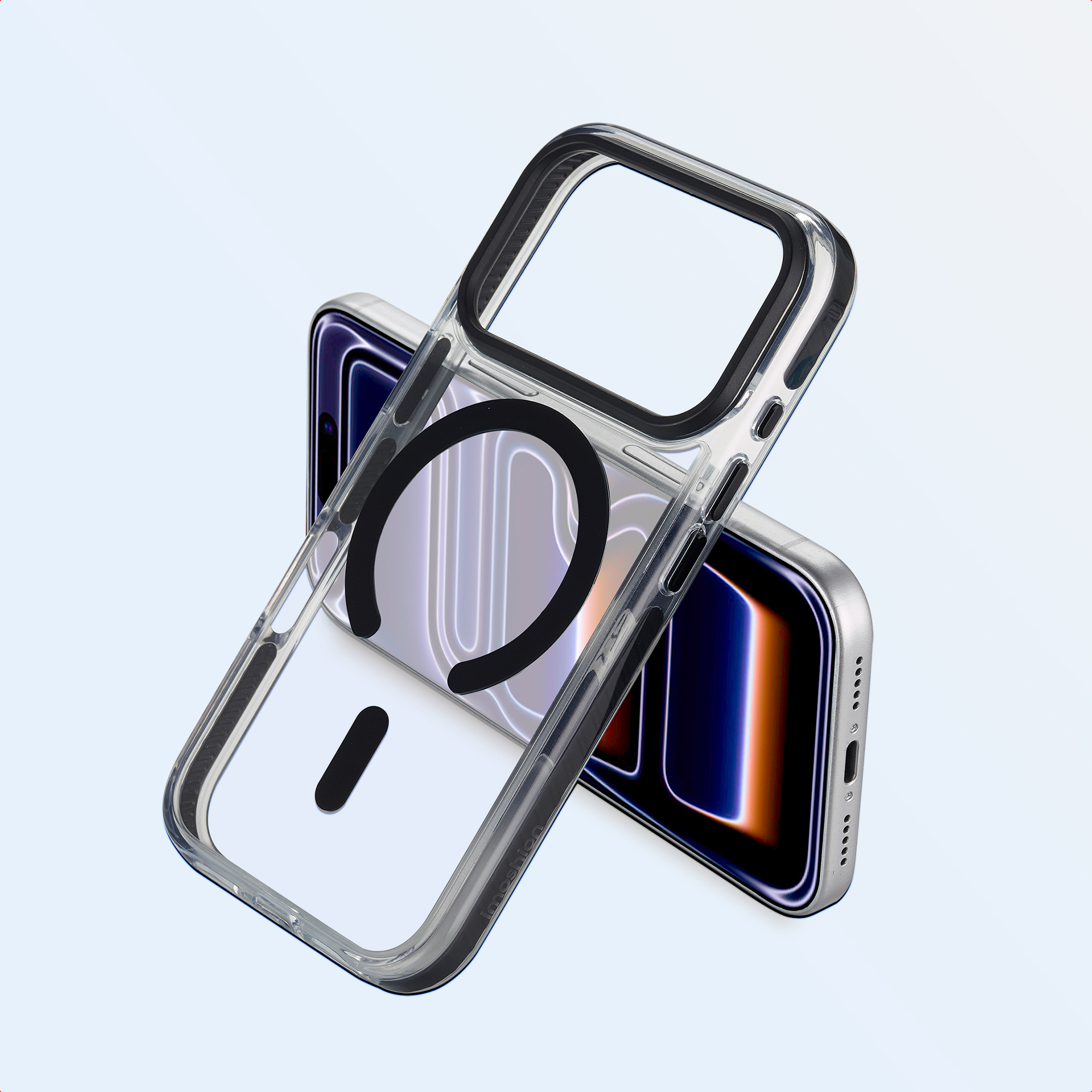 Transparante telefoonhoes over een telefoon. Hoes heeft zwarte accenten. Telefoonscherm toont een blauw-oranje verloop.