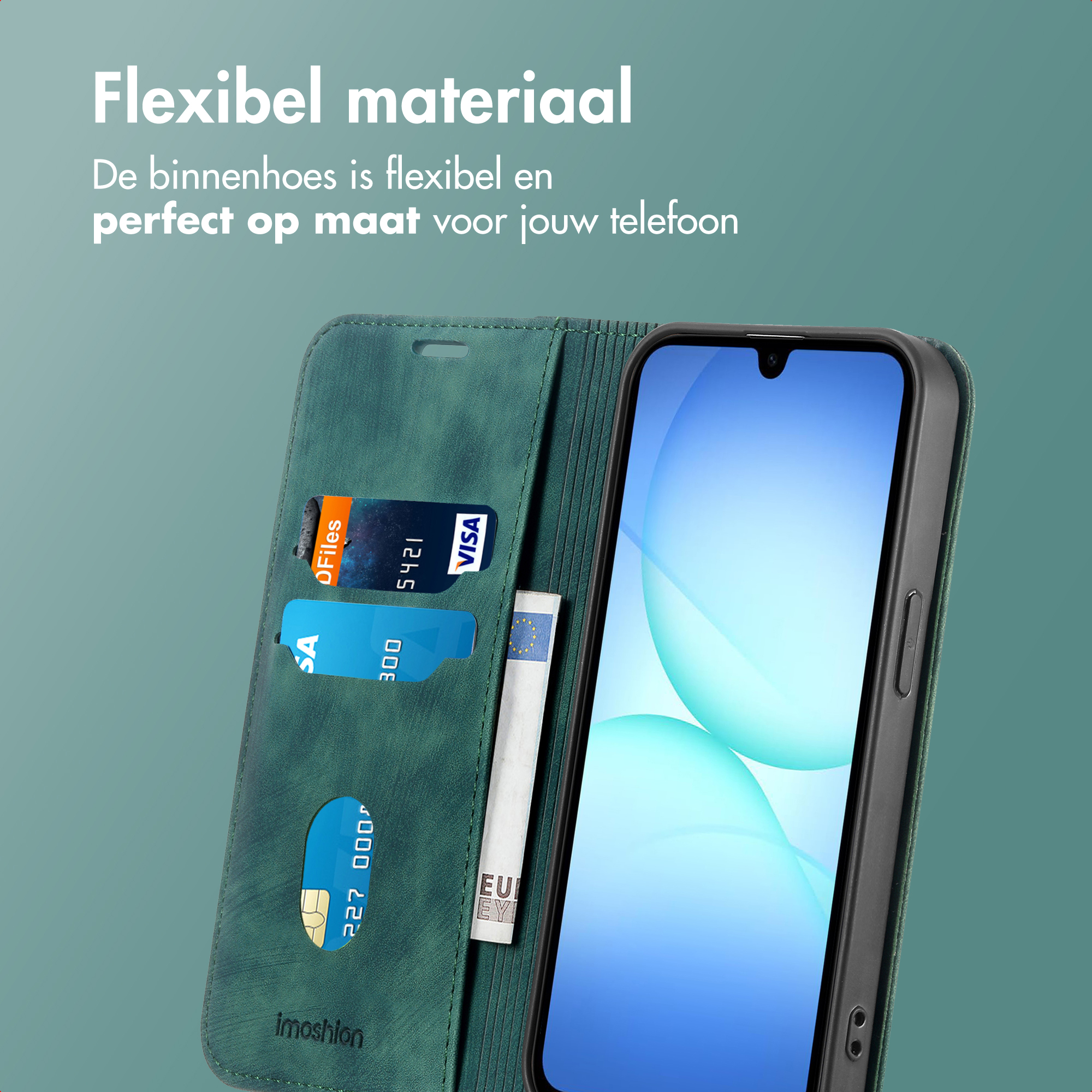 Custodia verde per telefono con telefono, carte e denaro. Il testo recita 'Flexibel materiaal'.