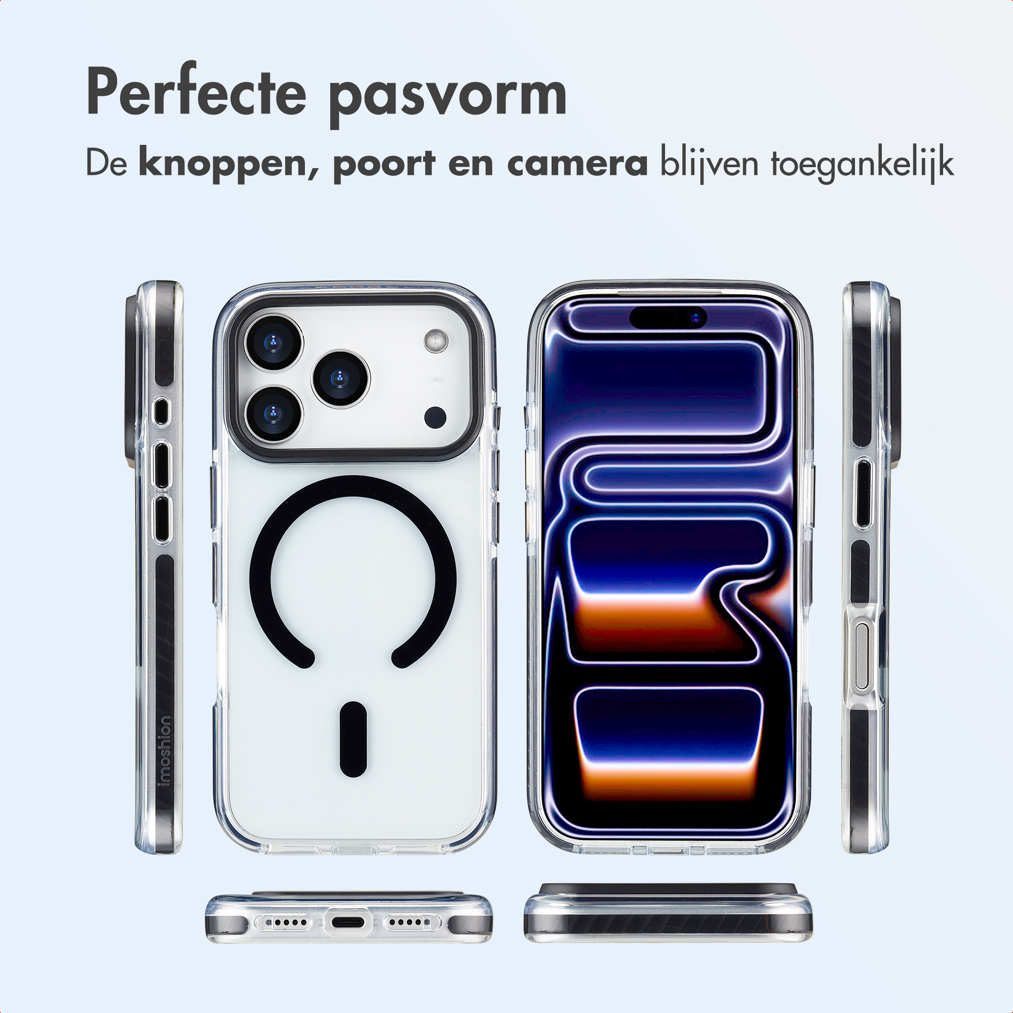 Afbeelding toont transparante telefoonhoesjes die een perfecte pasvorm aantonen. Tekst benadrukt toegankelijke knoppen, poorten en camera.