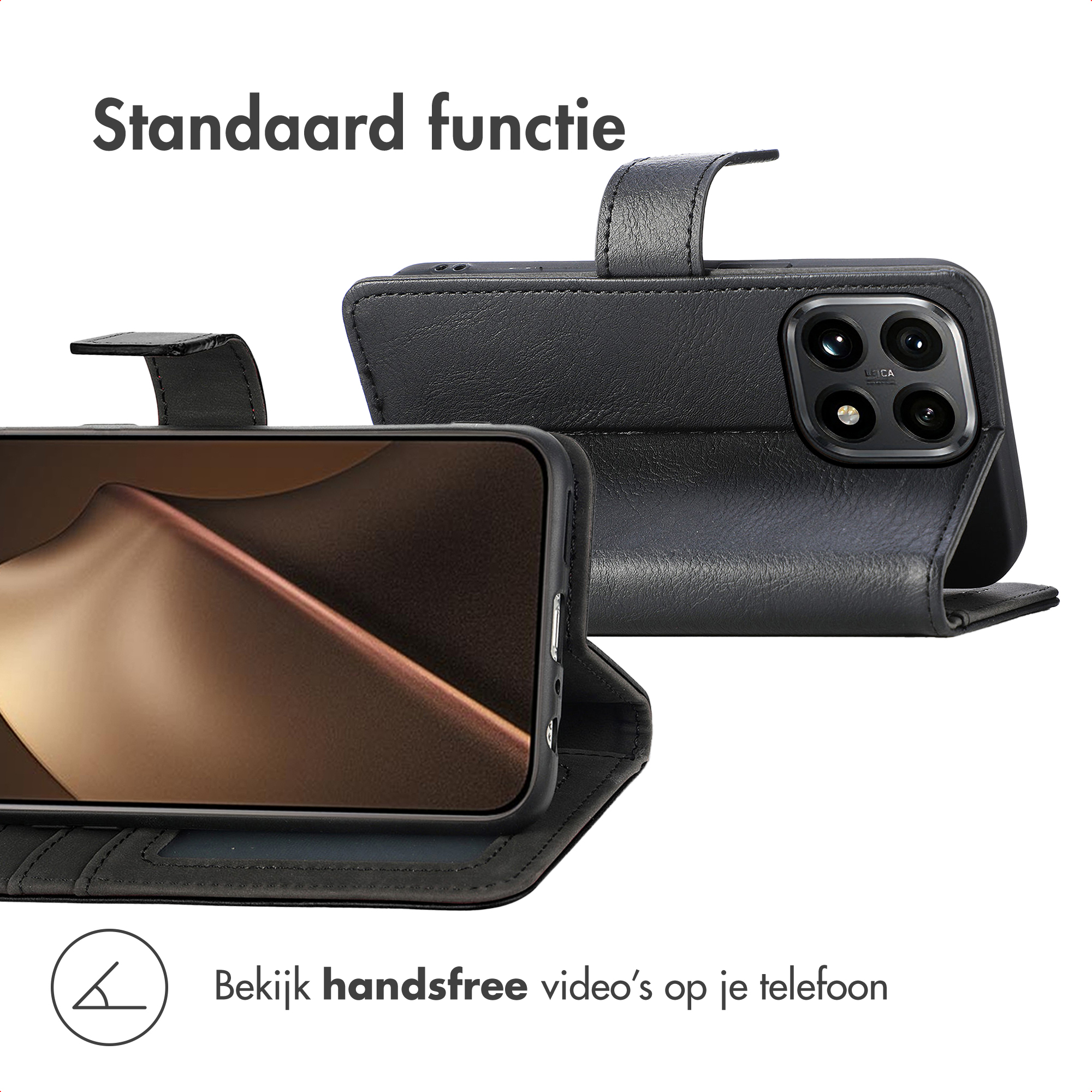 Een zwarte telefoonhoes met een telefoon erin wordt getoond, met de teksten 'Standaard functie' en 'Bekijk handsfree video's op je telefoon'.