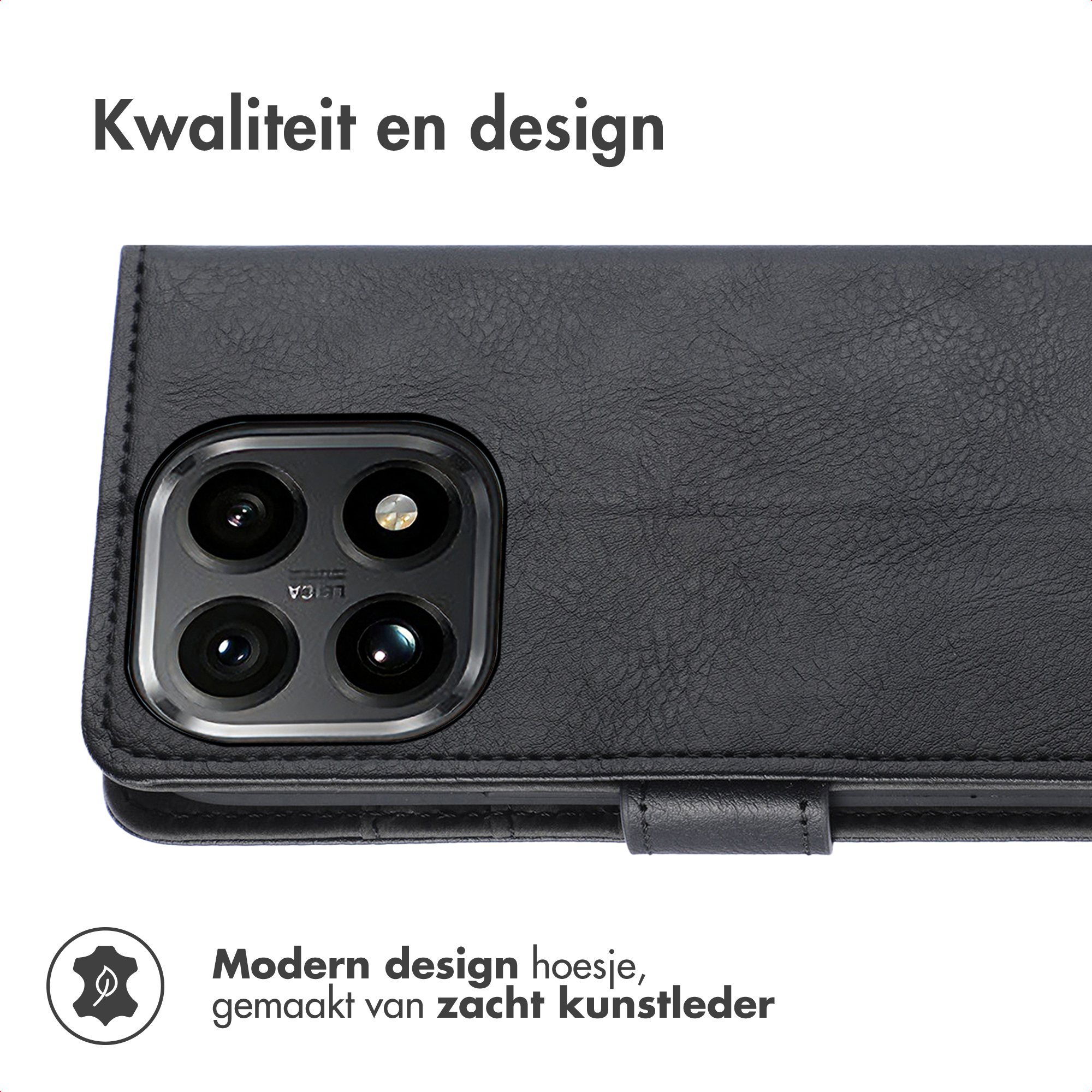Zwarte telefoonhoes met meerdere cameralenzen. De hoes is van leer en heeft een modern design.