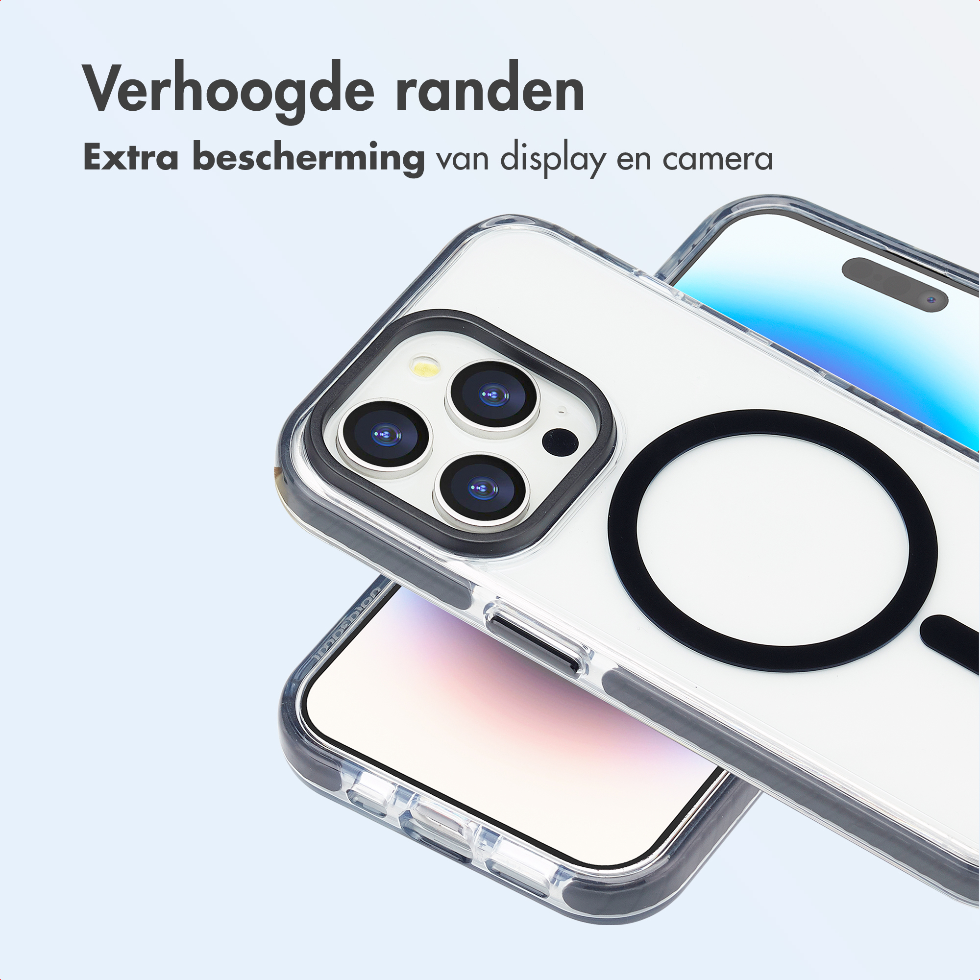 Due custodie trasparenti per telefono su sfondo azzurro, che mostrano le loro caratteristiche di design protettivo. Il testo in alto dice 'Verhoogde randen'.
