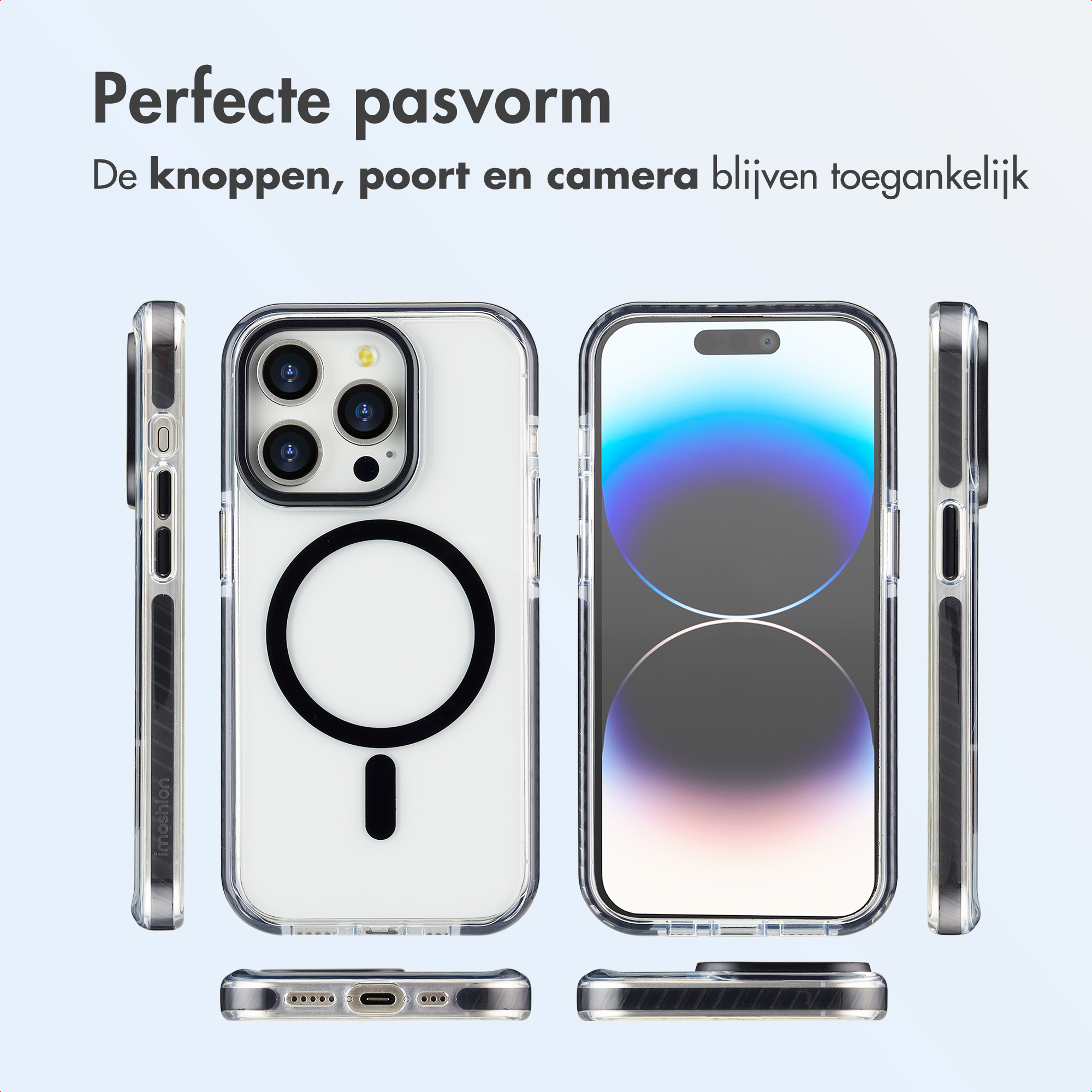 Custodia trasparente per telefono. L'immagine mostra un telefono in una custodia trasparente da diverse angolazioni, pulsanti e fotocamera.