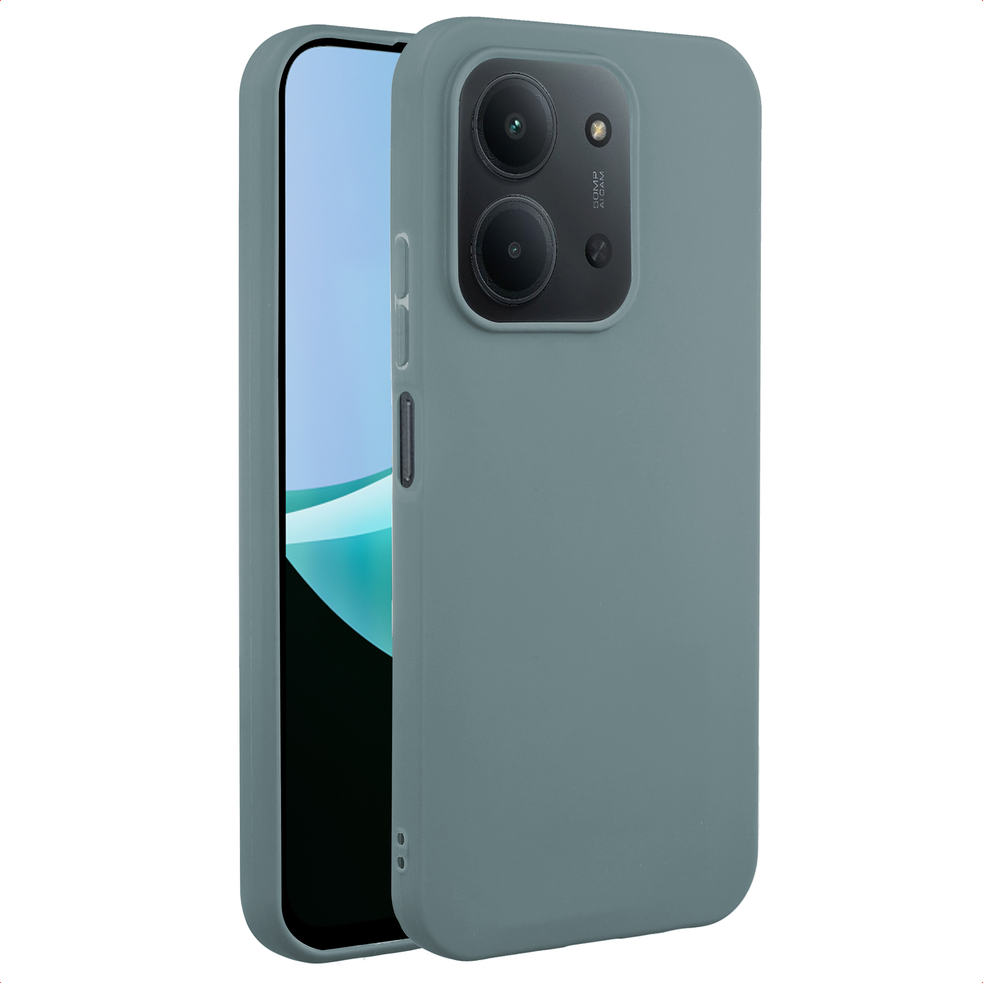 Een teal telefoonhoesje met een telefoon erin. De hoes heeft twee cameralenzen. Het scherm is zichtbaar.
