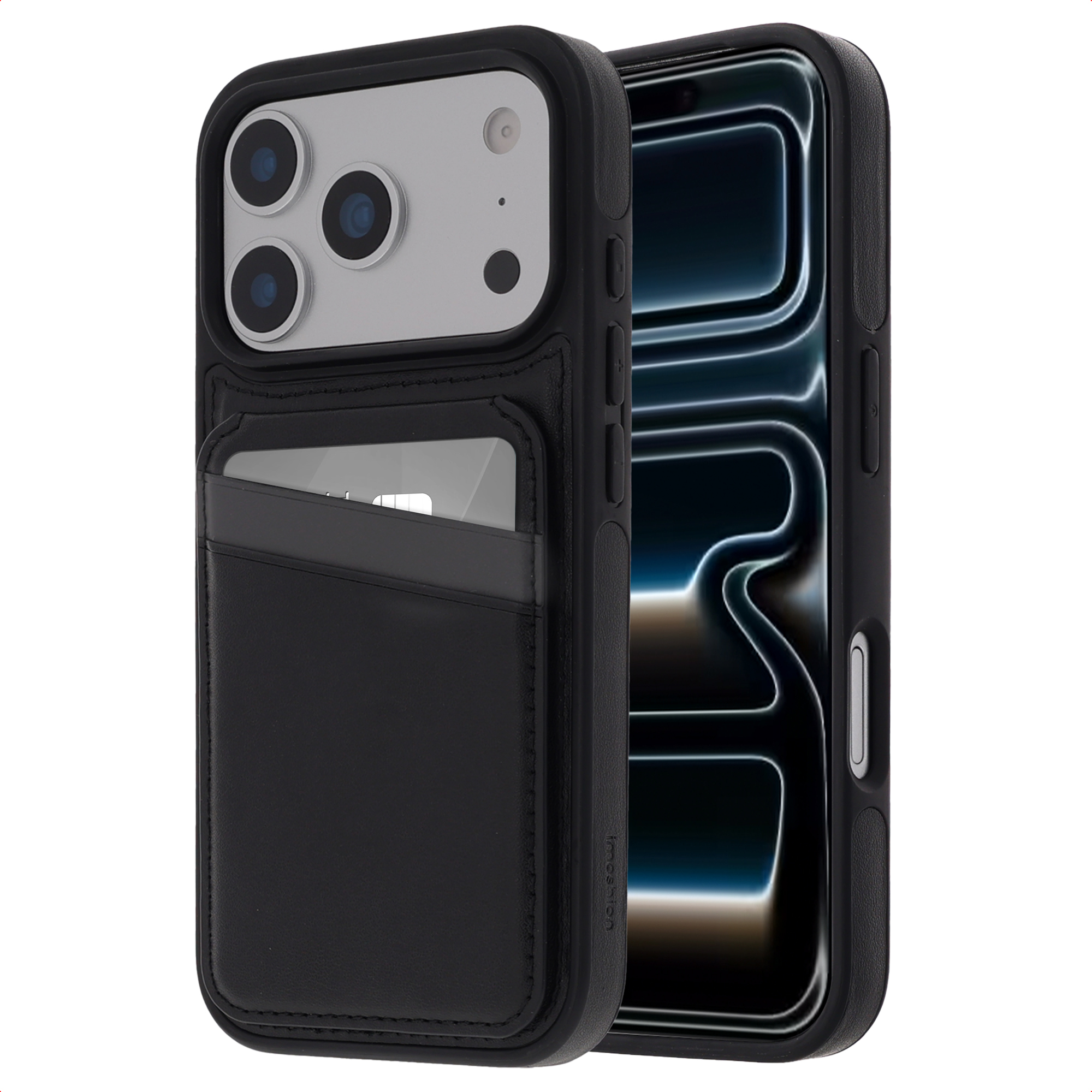 Coque de téléphone noire avec porte-cartes, tenant un téléphone. L'étui a trois découpes pour l'appareil photo et une zone argentée pour l'appareil photo.