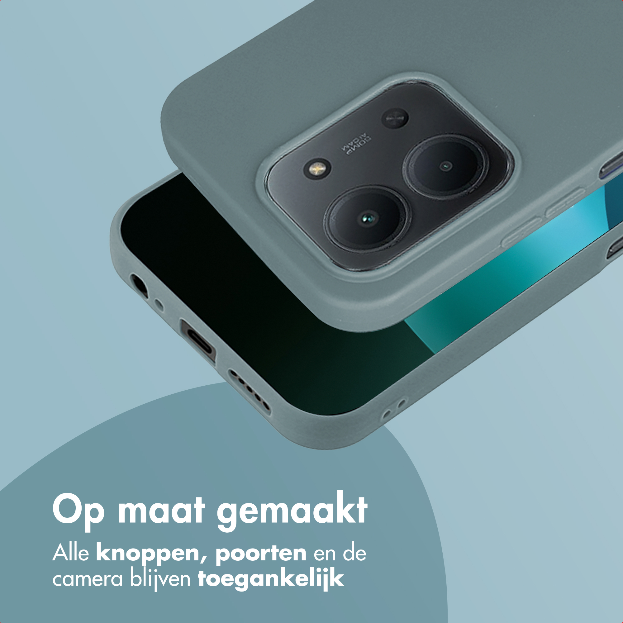 Een telefoonhoesje op een telefoon. De hoes is grijsgroen, het scherm donkergroen. Tekst onderaan.