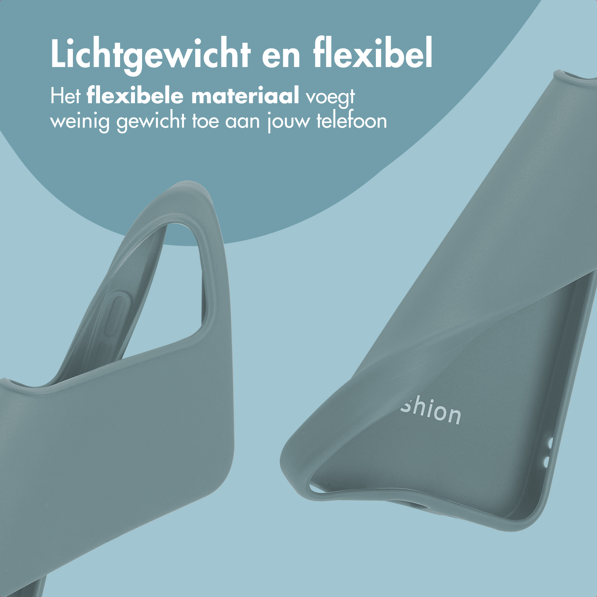 Twee lichtgrijze telefoonhoesjes op een blauwe achtergrond. Tekst zegt lichtgewicht en flexibel.